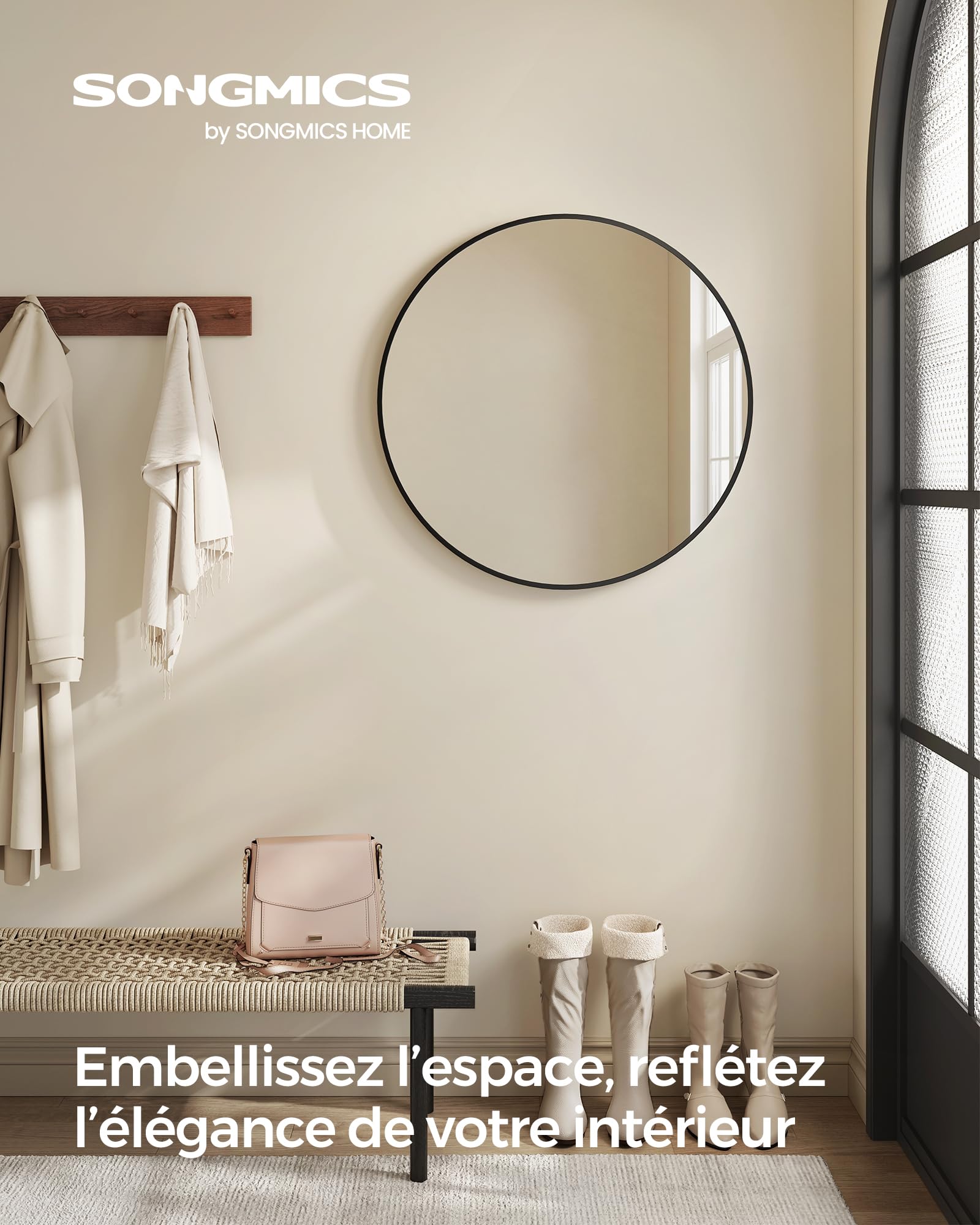 SONGMICS Miroir Rond, Miroir Mural, Diamètre 61 cm, Cadre en Métal, Facile à Installer, pour Salle de Bain, Salon, Chambre, Entrée, Couloir, Noir d'encre LWM102B01