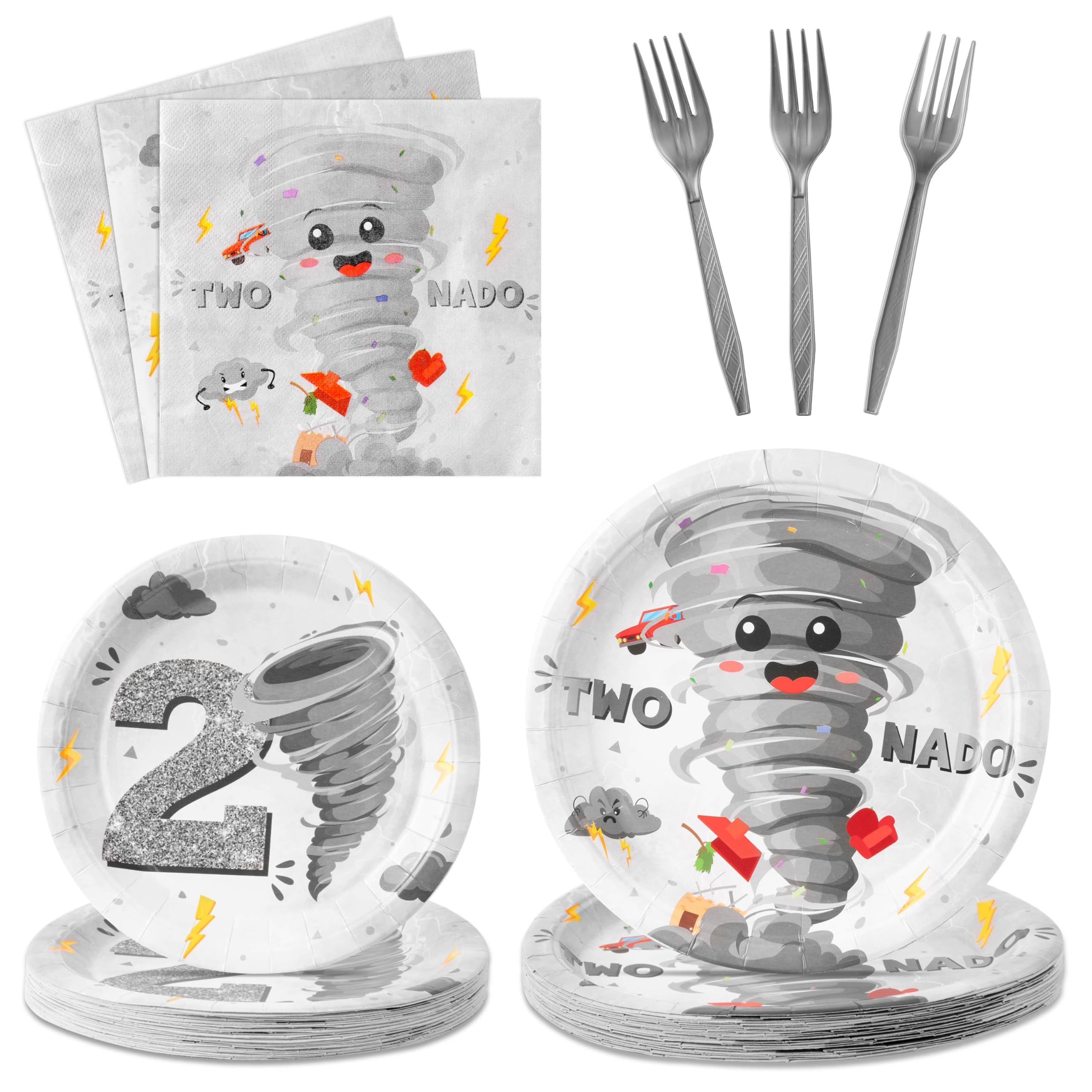 G1ngtar 96Pcs Two Nado Gary Tornado 2nd Birthday Party Plates Supplies - Party Tableware Decorations Disposable Paper Plates Napkin Fork for Birthday