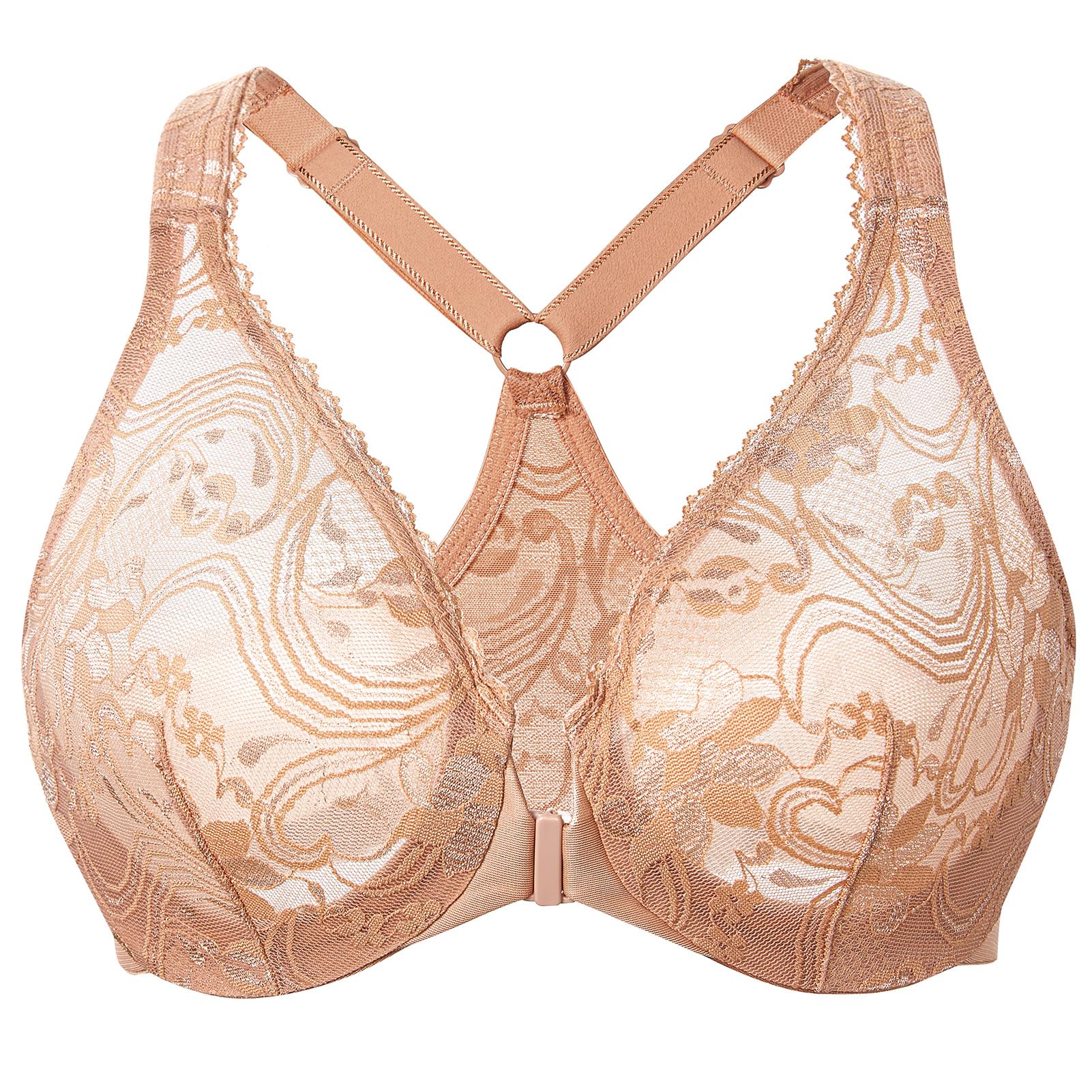 Meleneca Women's Cappuccino Plus Size Racerback Unlined Lace Underwire Front Closure Bra 42F