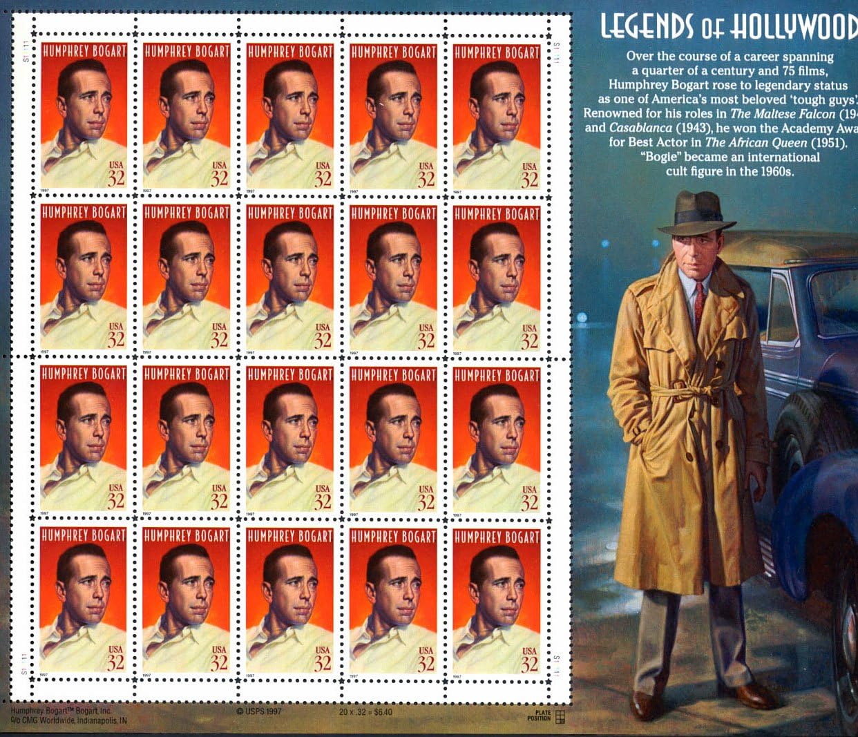 Humphrey Bogart Legends of Hollywood Collectible Sheet of 20 32 Cent Stamps by USPS