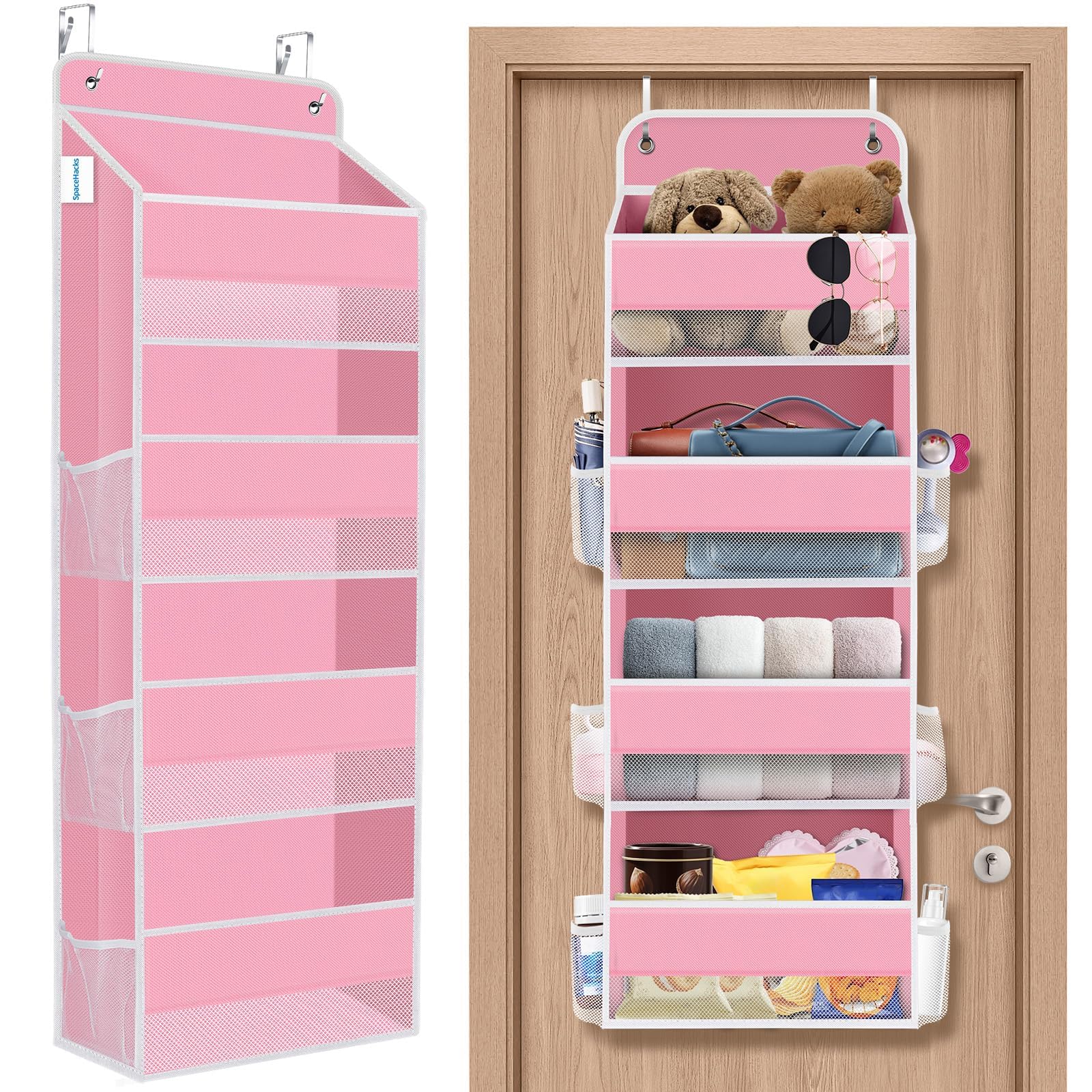 1Pack Over The Door Organizer Large Capacity Hanging Storage Room Organizer | 40 lb Capacity, Ultra-Sturdy, Foldable, Mesh Design with Clear Window, Space-Saving Organizer for Pantry, Nursery & Closet Pink 4-Tier