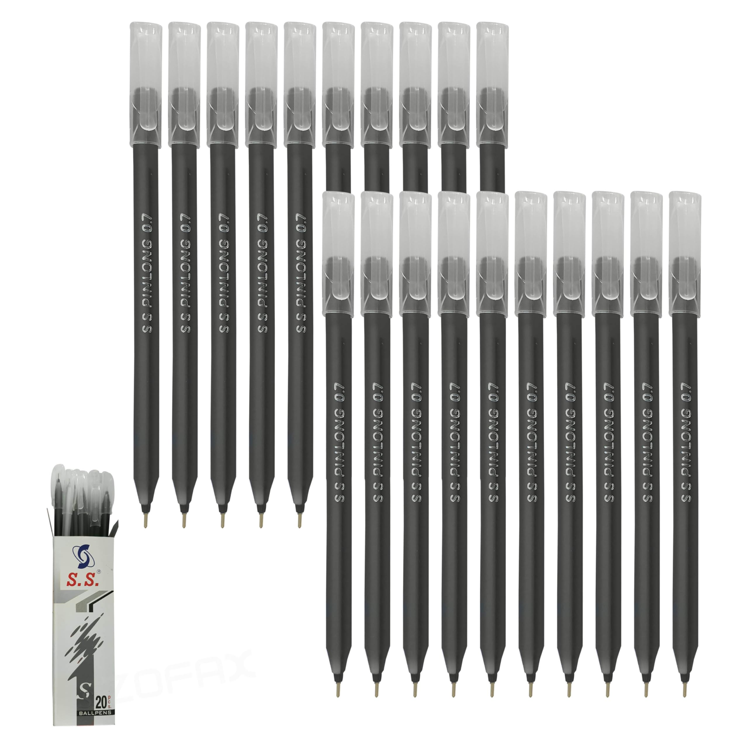 PinLONG Ballpoint Pens, BLACK, Fine Point (0.7mm), Pack of 20, Stick Biro Pens, Multipack, Perfect for School Office Home Hospital Business Use, iZOFAX