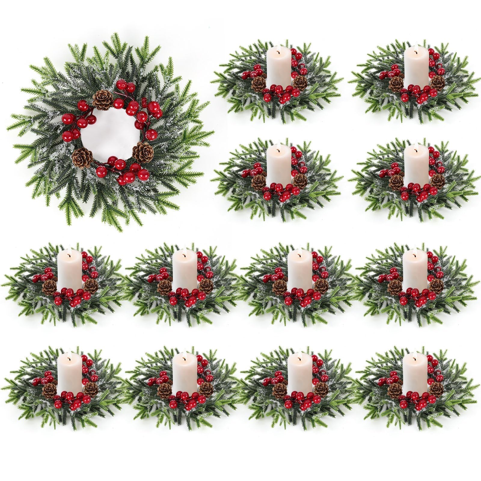 12 Pcs Christmas Candle Rings Wreath Mini Christmas Table Centerpieces Red Berry Pinecones Wreaths for Kitchen Cabinet for Holiday Table Centerpiece Farmhouse Front Door Porch Wall Decoration