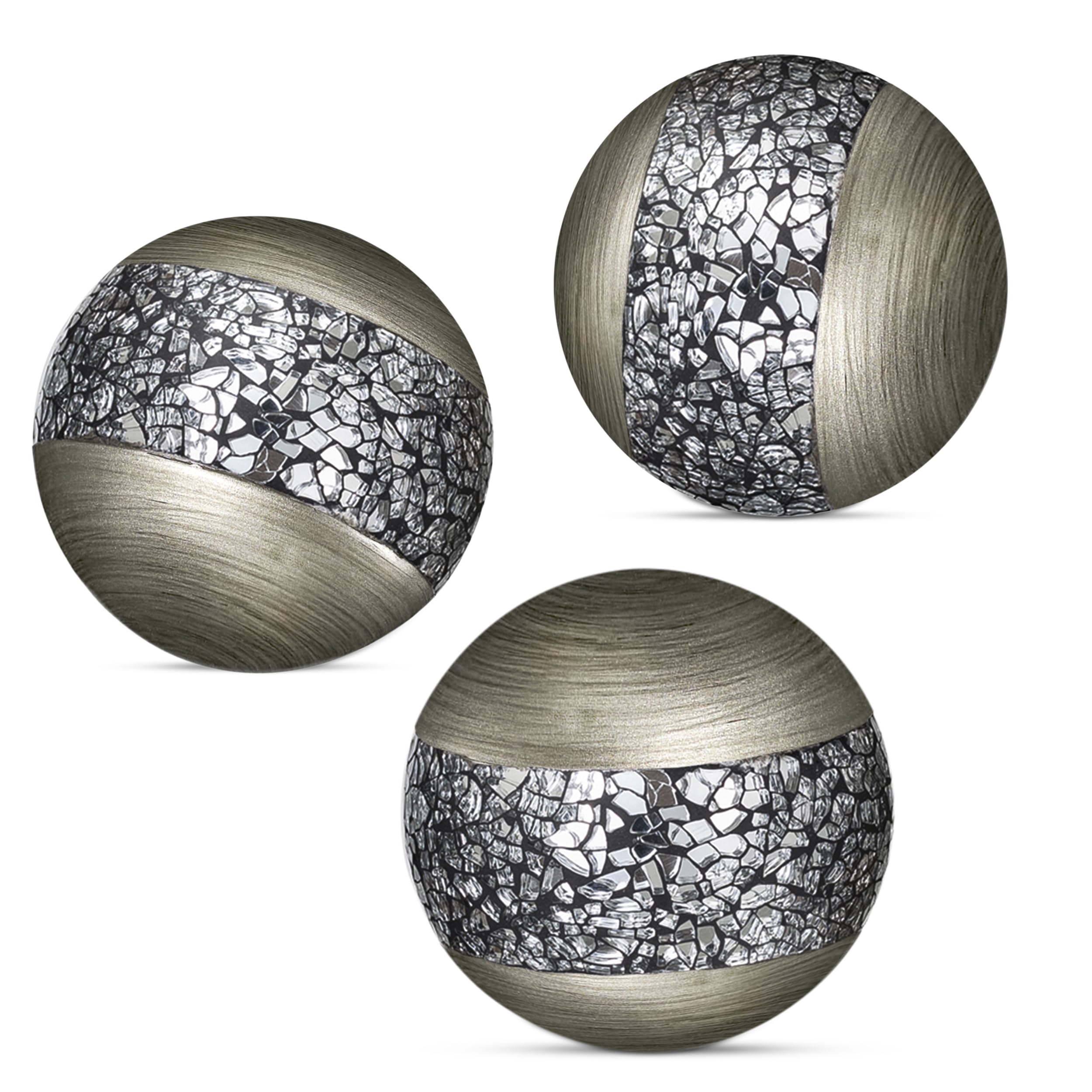 Creative Scents Schonwerk Silver Decorative Orbs for Bowls and Vases (Set of 3) Resin Sphere Balls for Living, Dining Room, Coffee Table Centerpiece Decor - Great Gift Idea (Crackled Mosaic)
