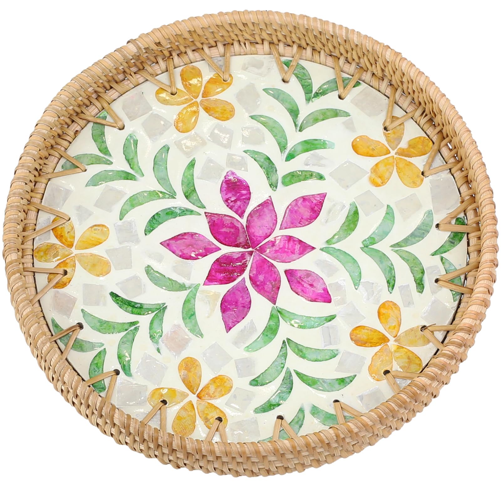 Natural woven rattan round storage tray, inlaid with mother-of-pearl, handcrafted tray suitable for snacks, bread, breakfast, etc., eco-friendly home and tabletop decoration