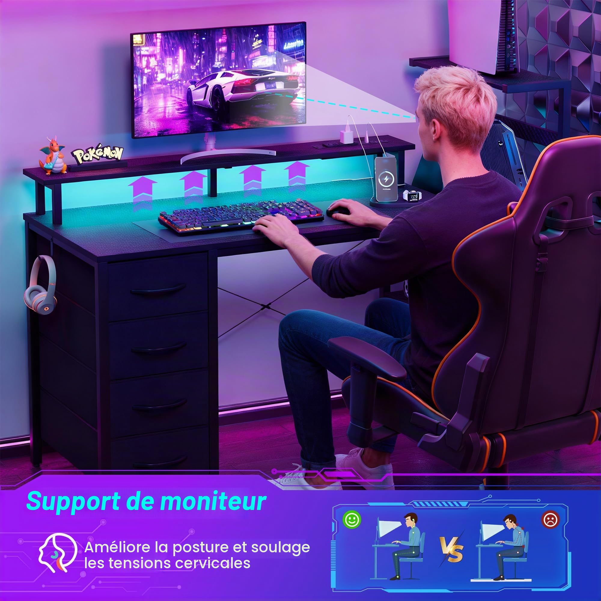YOUDENOVA Bureau gaming avec 4 tiroirs en tissu, 130 x 48 cm, bureau d'ordinateur réversible avec LED et prise, bureau avec support moniteur, port USB, table PC pour home office et gamers, noir