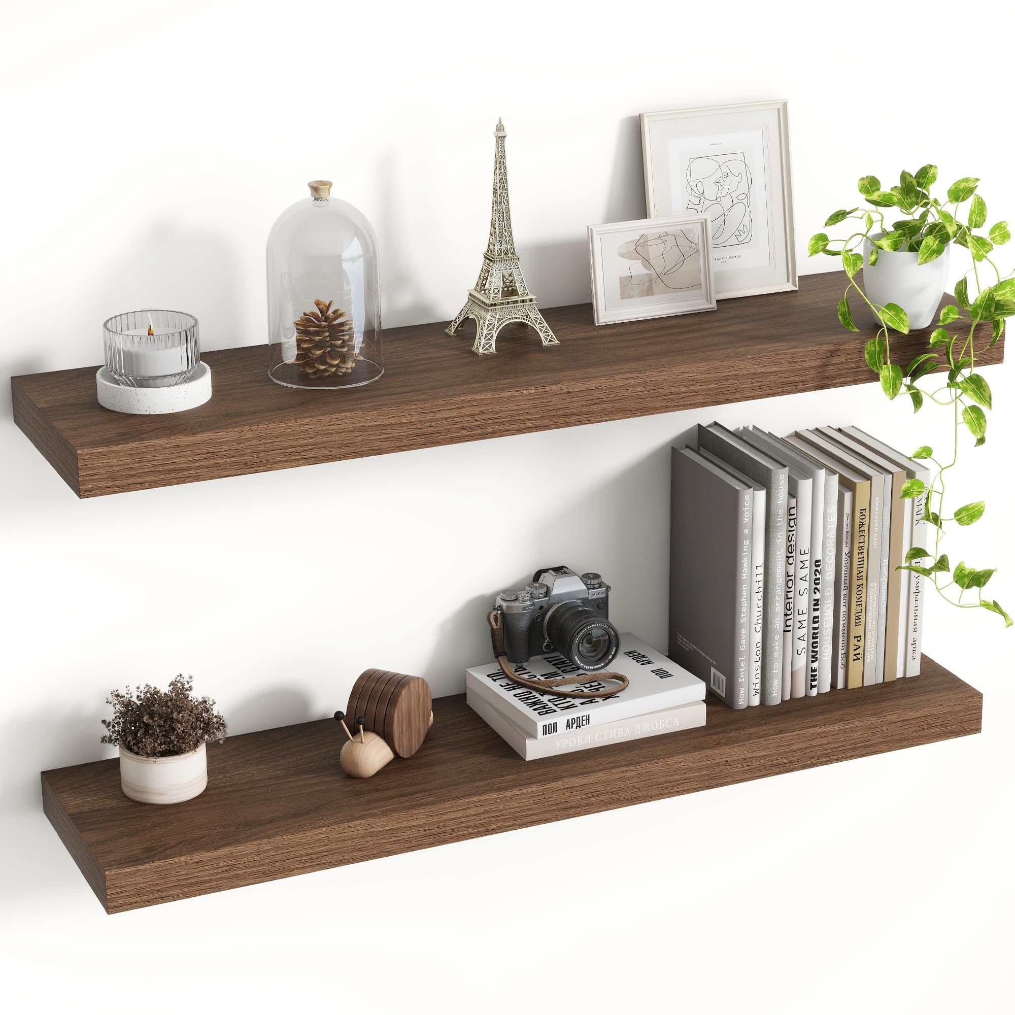 Acovy Floating Shelves for Wall, Extra Deep 80cm Long Wooden Wall Mounted Shelf, Wall Shelves for Living Room Bathroom Bedroom Kitchen, Walnut, Set of 2
