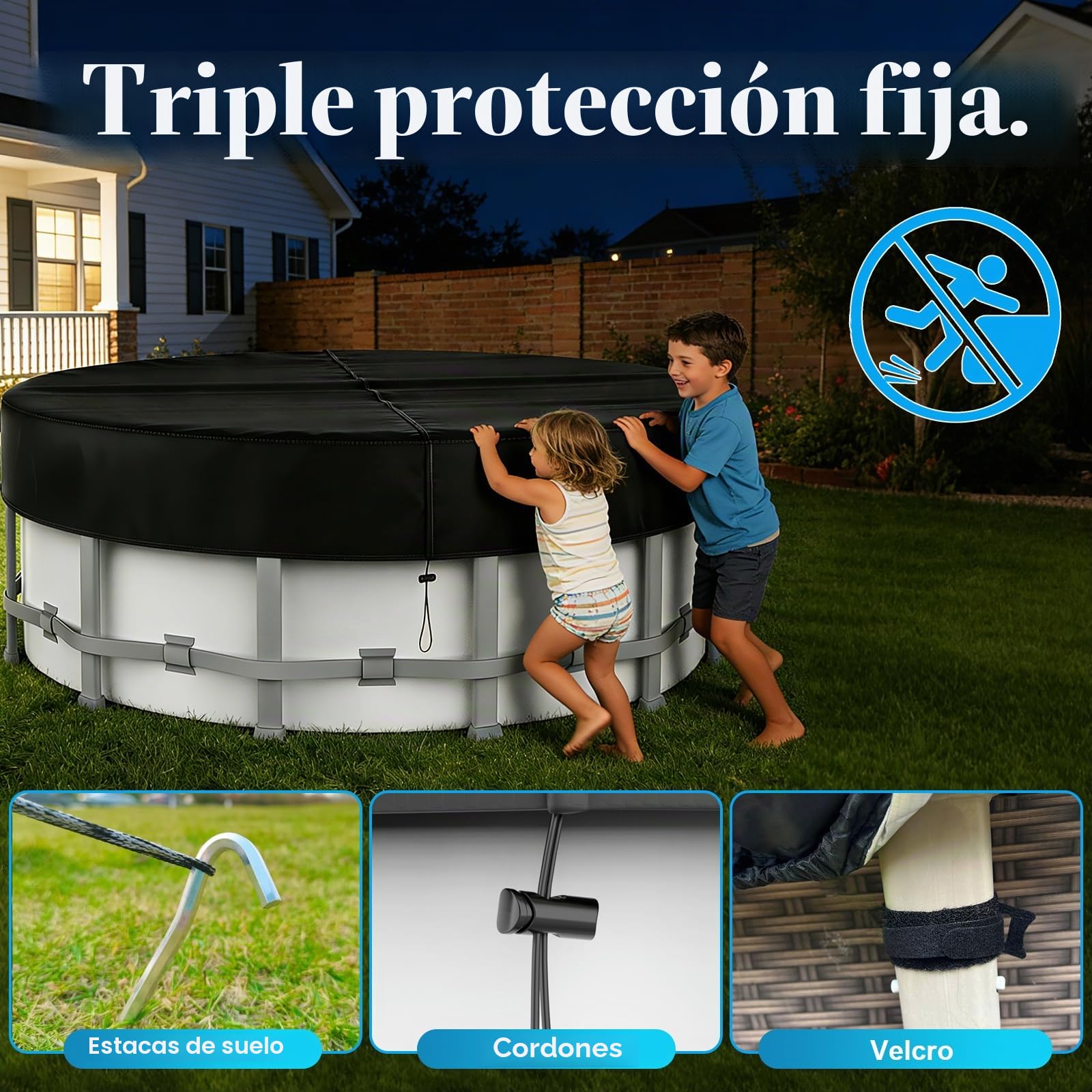 Cubierta para Piscina Redonda Ø365, para Piscinas Ø320-363 cm, Lona para Piscina con Cordón y Estacas, Oxford Lona Piscina con Protección UV, Hermética al Polvo, para Piscinas Elevadas y Trampolines