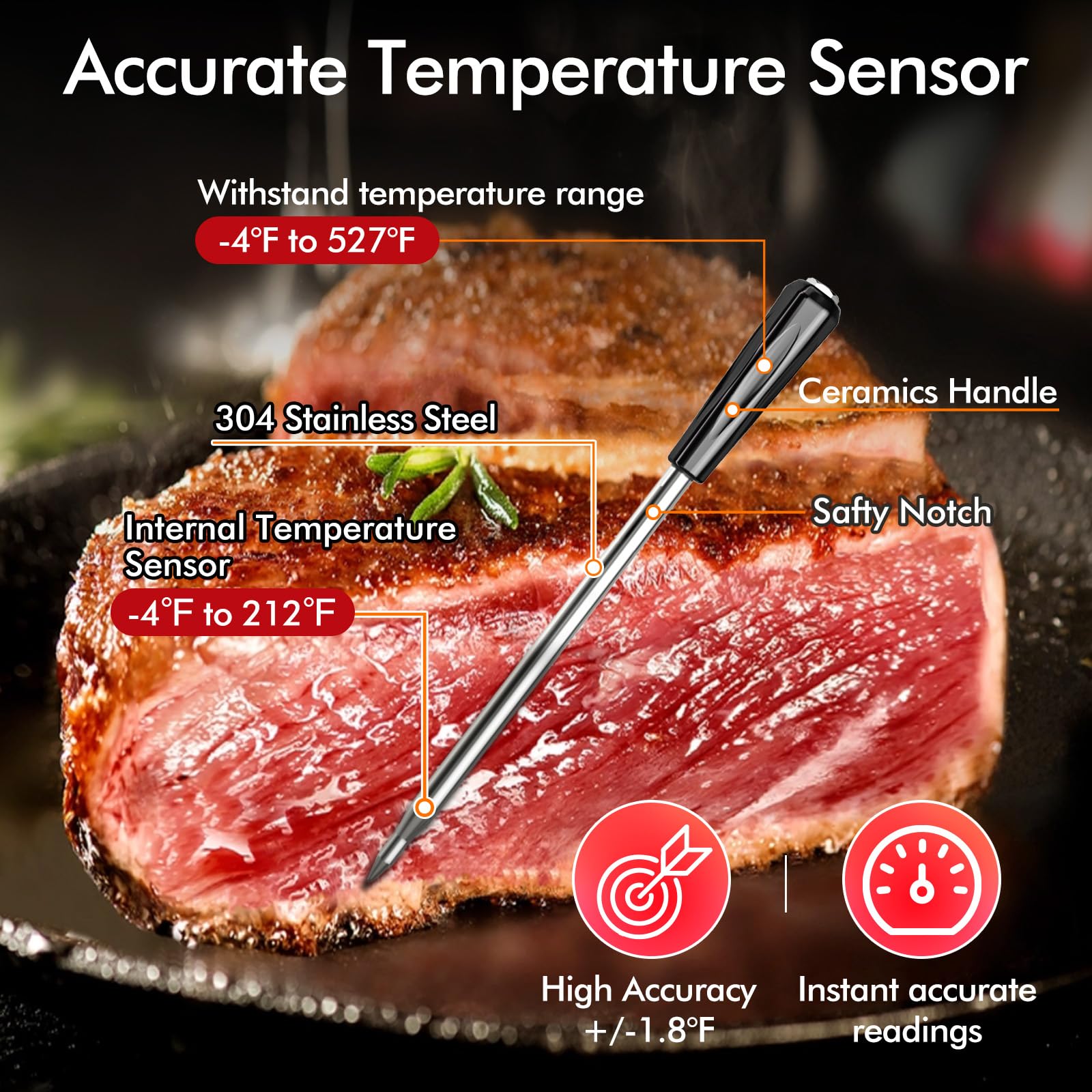 CaloriMastery Wireless Smart Bluetooth Meat Thermometer Digital for BBQ, Grill, Oven, Smoker, 500ft Range Cooking Thermometer with Ultra-Thin Wireless Meat Probe, Perfect for Steak, Chicken, Turkey