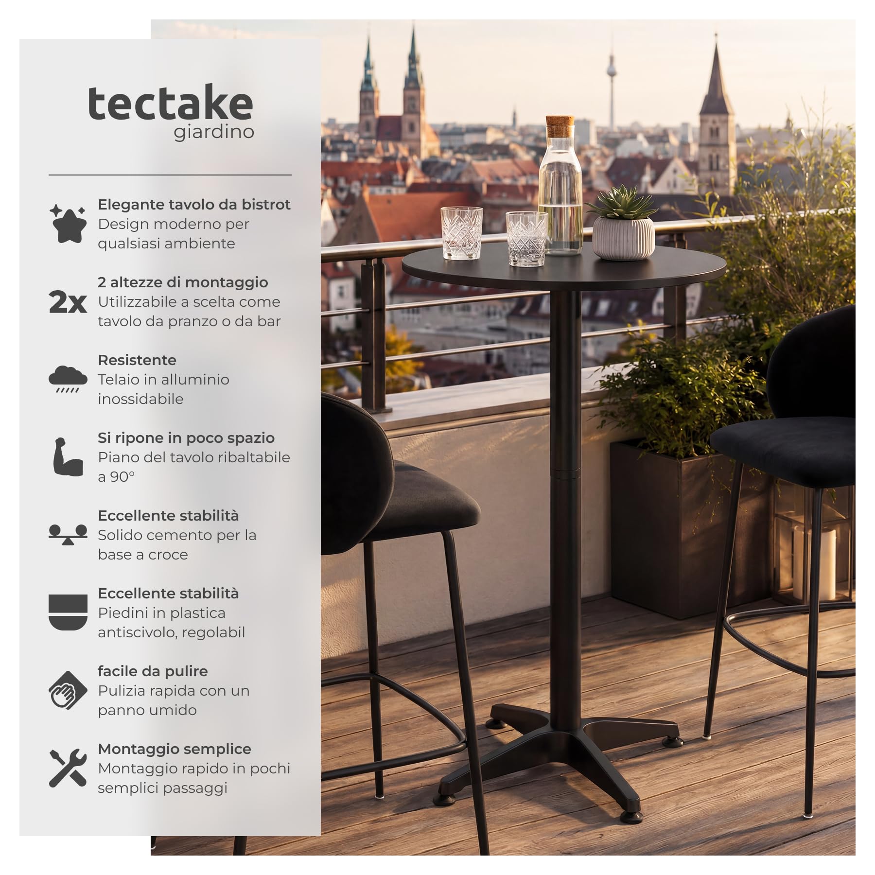 tectake® Set x2 Tavolino da Bistrot 2in1 Ø60 cm, 2x Tavolo Alto o Tavolo Pranzo, 2 Altezze, Pieghevole, Struttura in Alluminio, Piano MDF, Capacità 60 kg, Base in Cemento - Nero