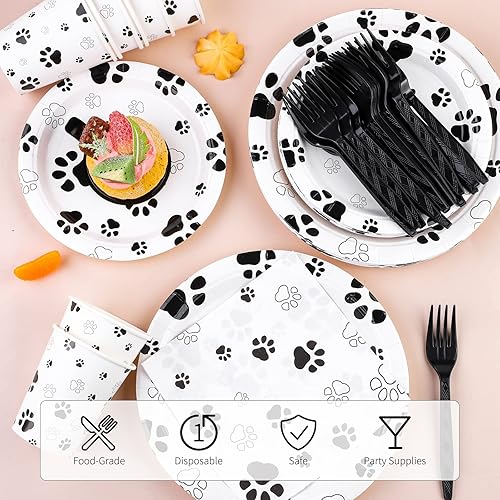 Vista 11 de durony 121 piezas de suministros de fiesta con estampado de pata azul para perro, mantel de cumpleaños para perros, platos, servilletas, tenedores