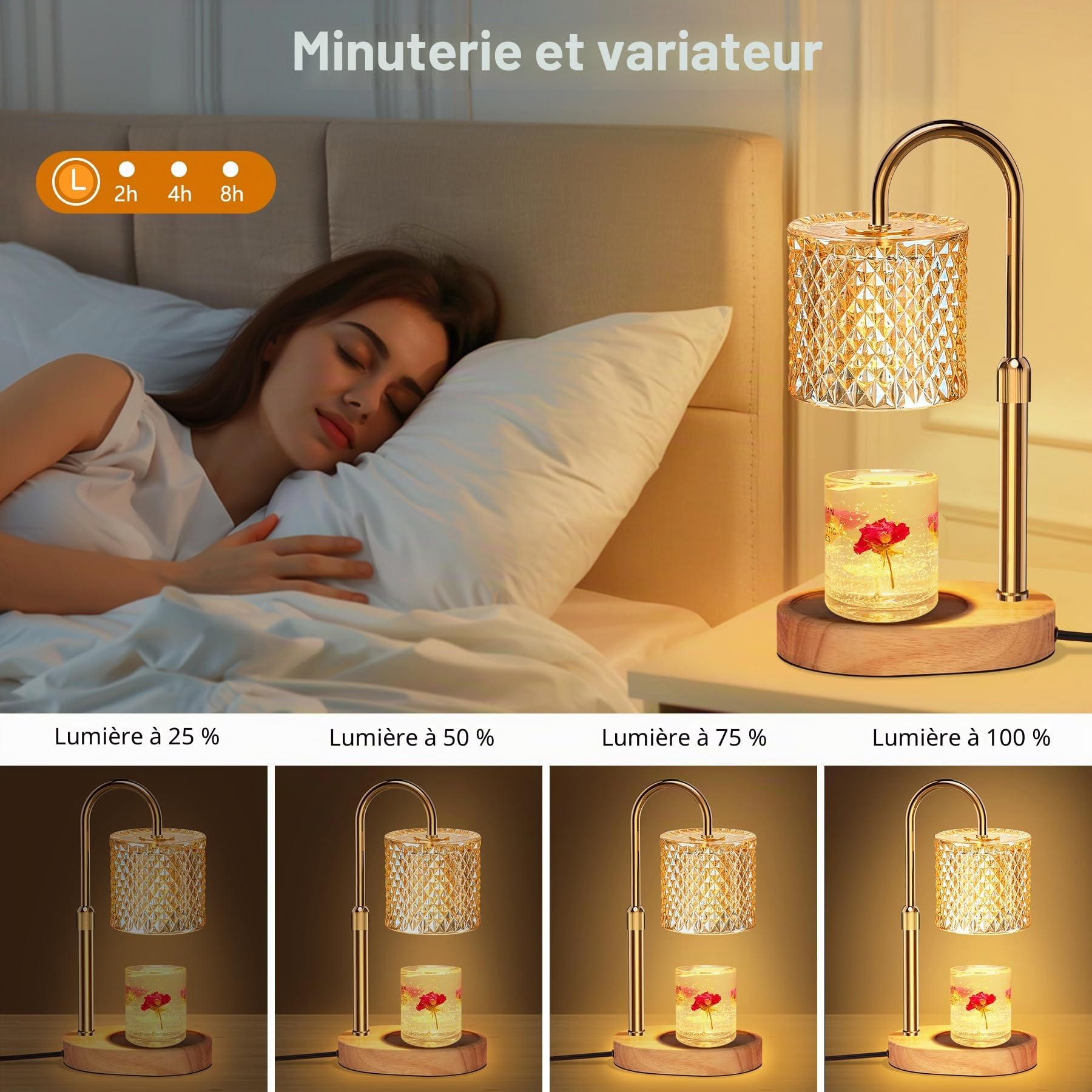 Loowoko Lampe Chauffe Bougie, Chauffage Bougie avec Minuterie et Variateur,Réglable en Hauteur,avec 2 Ampoules,Candle Warmer Lamp pour Bougies Parfumées en Verre, Maison, Chambre, Décoration