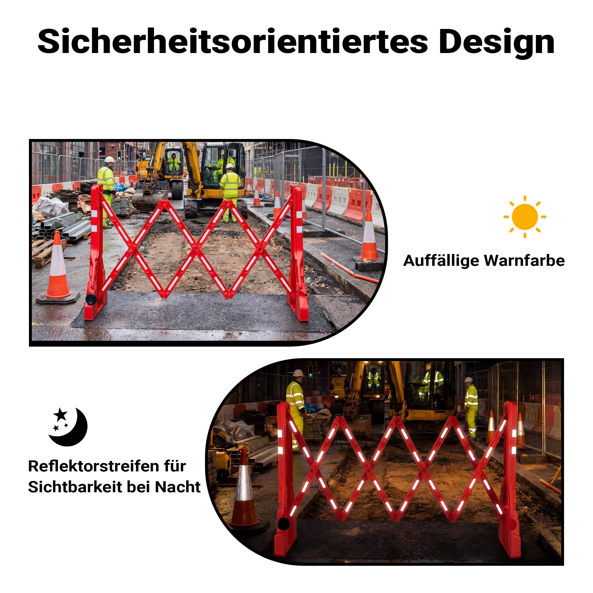 Wiltec ausziehbares Absperrgitter 200 cm aus Kunststoff, Scherengitter mit Reflektorband, Baustellenabsperrung befüllbar und faltbar, Absperrung für Verkehr