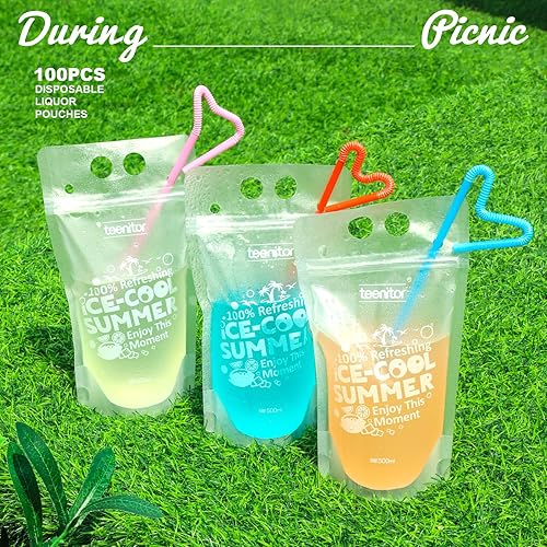Miniatura 9 de Teenitor 100 bolsas de bebidas, bolsas de bebidas para adultos, bolsas de bebidas con bolsas de jugo de pajita, 100 popotes, bolsas de licor