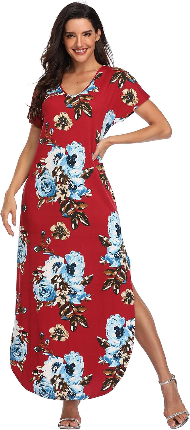 Women's Maxi Dresses Short Sleeve Floral Solid Summer Beach Dress Casual Loose V Neck Side Split Long Dress with Pockets - Image 5