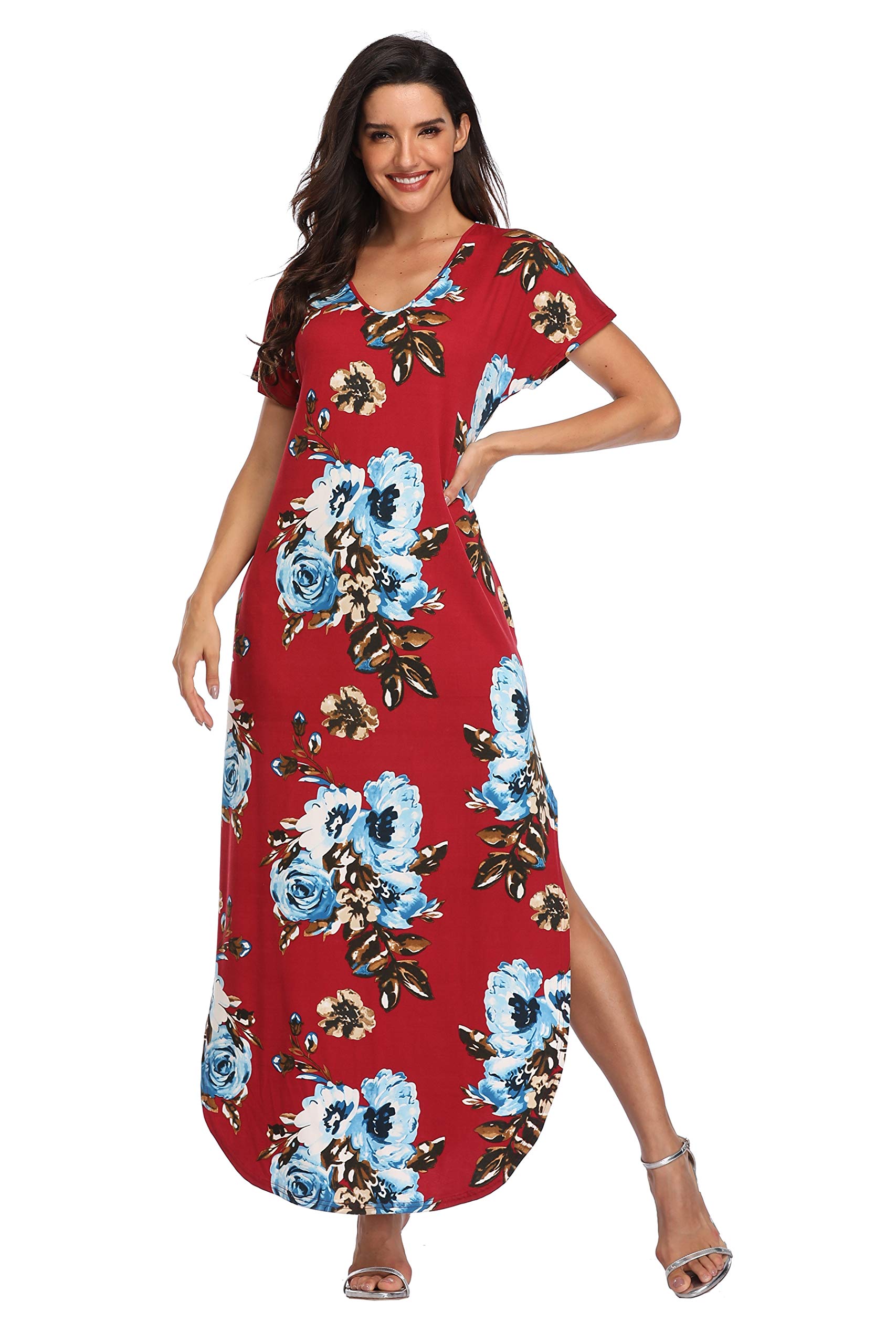 Women's Summer Maxi Dress - Short Sleeve, V-Neck, Side Split With Pockets, Floral Or Solid Colors - View #7
