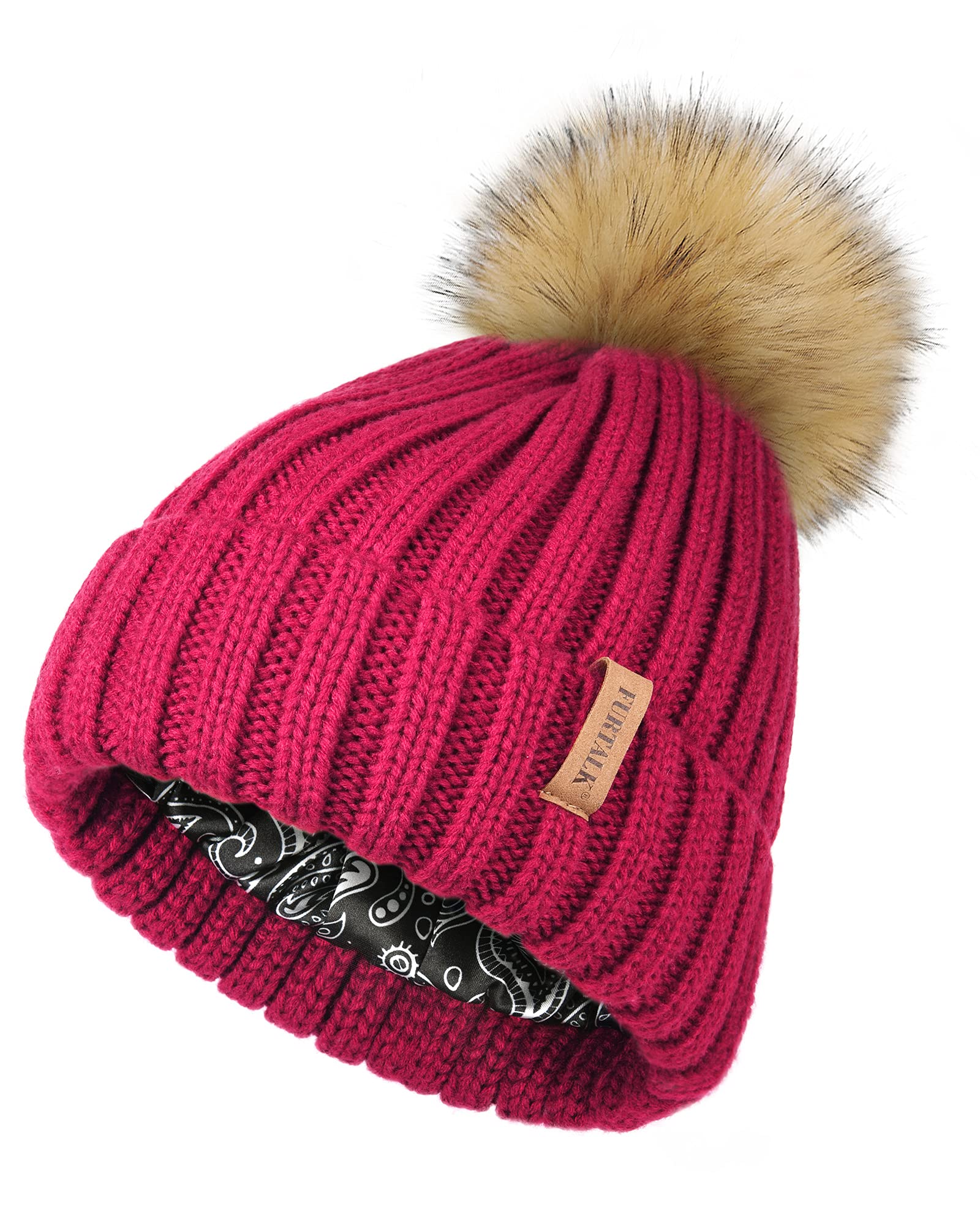 Oversized Pom Hats Womens FURTALKWomens Winter Beanie Hat Satin