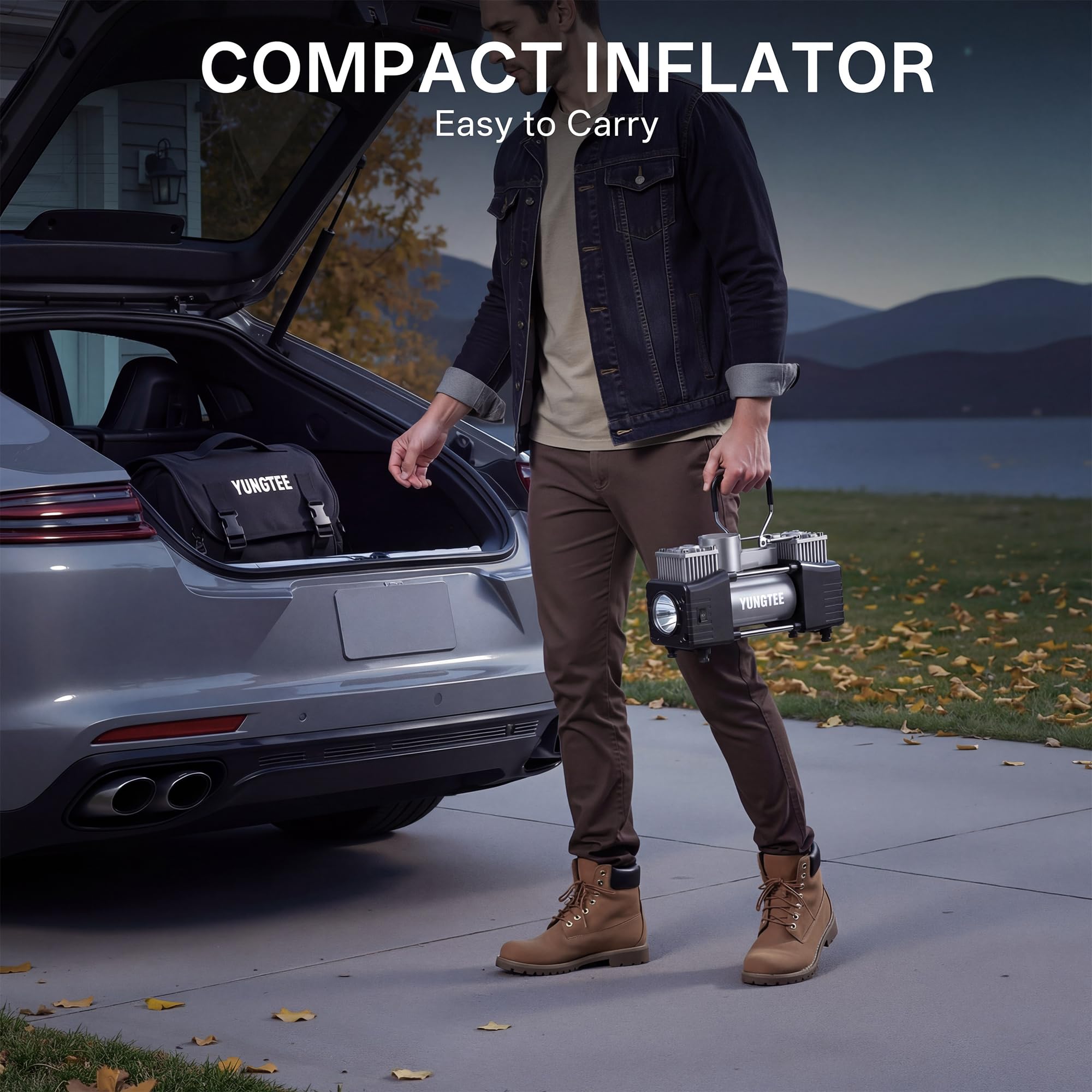YUNGTEE Inflador de neumáticos portátil, compresor de aire de doble cilindro de 12 V 150 PSI | Luz de emergencia LED, manguera de extensión de 11 pies para coches, SUV, caravanas e inflables, color plateado