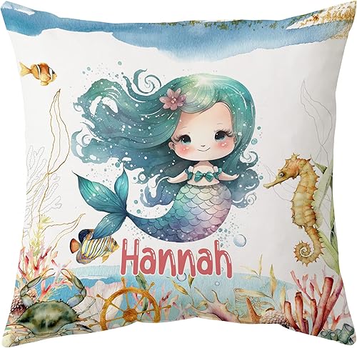 Hyturtle Bonita almohada de sirena personalizada (inserto incluido), regalos para niñas, mujeres, niños, regalos de cumpleaños para amantes de la