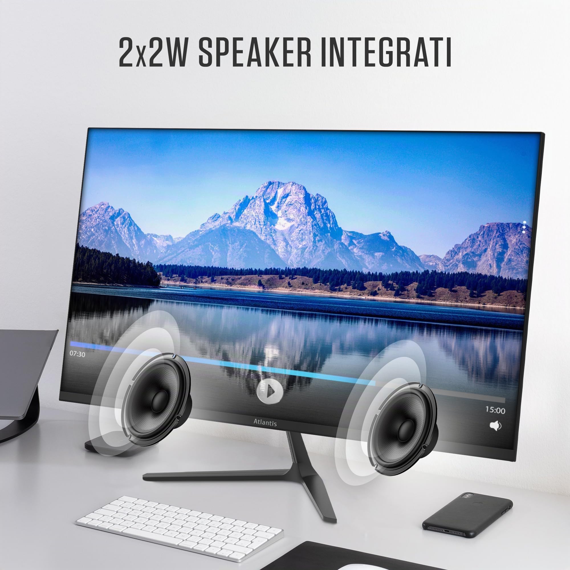 Atlantis Monitor 24 pollici, schermo 24" IPS 75Hz, Full HD 1920x1080, VGA HDMI DP, MULTIMEDIALE, FreeSync, Uscita Audio/Cuffie, inclin, risposta 5ms, Contrasto 1000:1, Angolo 178/178, Cavo HDMI 1,5m