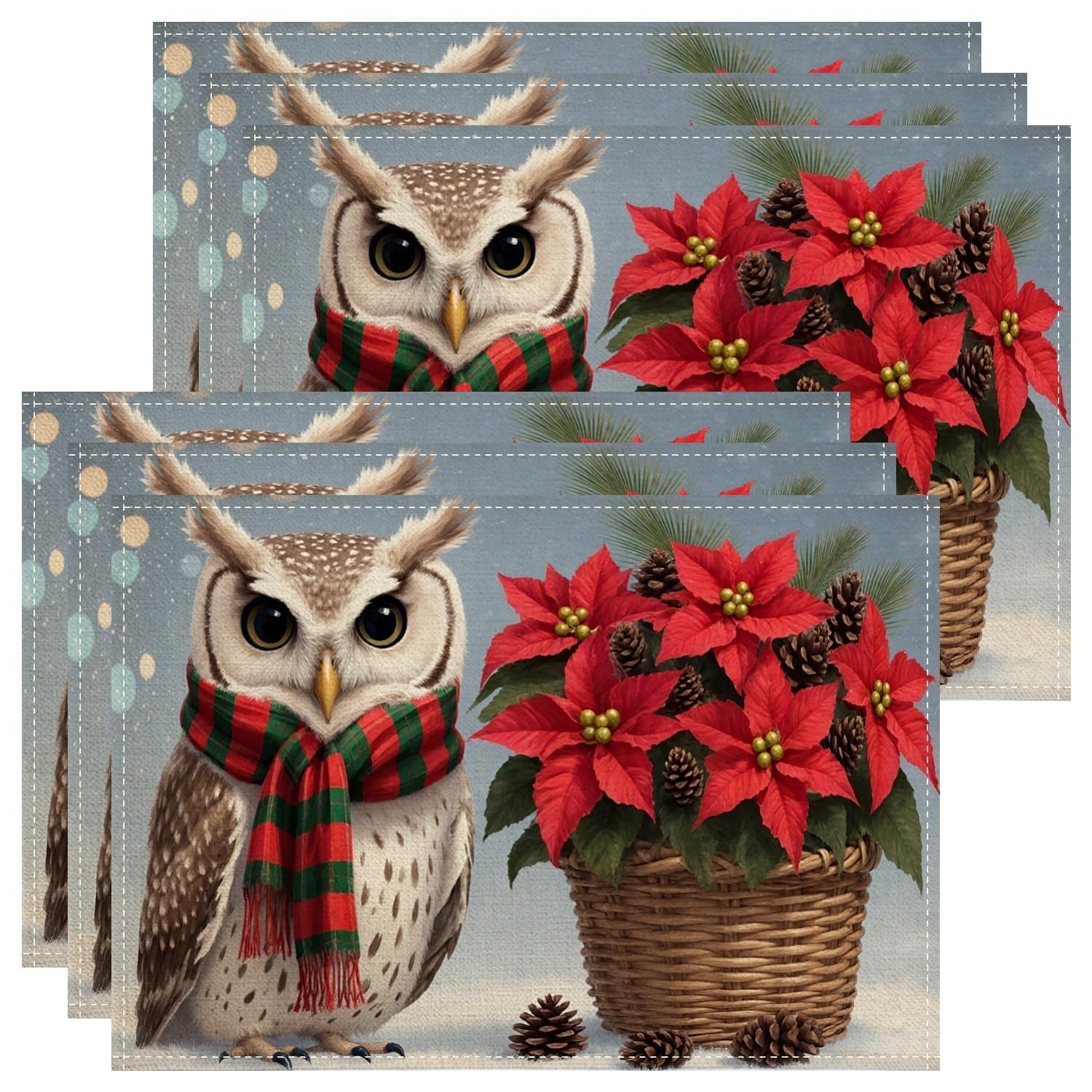 Christmas Owl and Poinsettia Placemats, Festive Winter Holiday Decorative Place Mats for Dining Table, Non-Slip Washable Indoor Outdoor Kitchen Party Set of 6