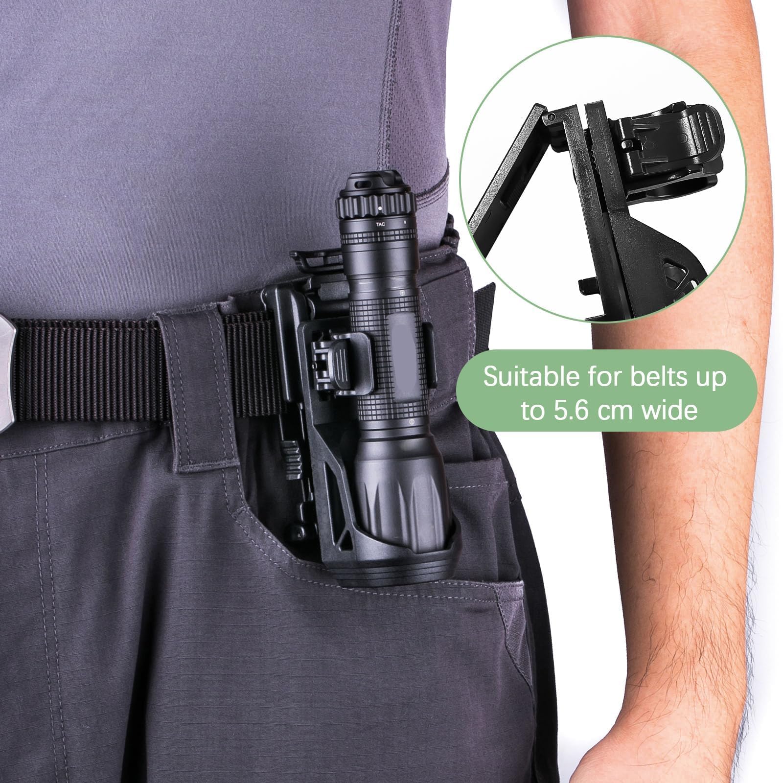 SQLJYU Ruotabile a 360 Gradi Porta Torcia Cinturone, Porta Guanti Cinturone Nero, Supporto per Torcia Tattica Militare, per Torce da 22-32 mm Fondina per Torcia