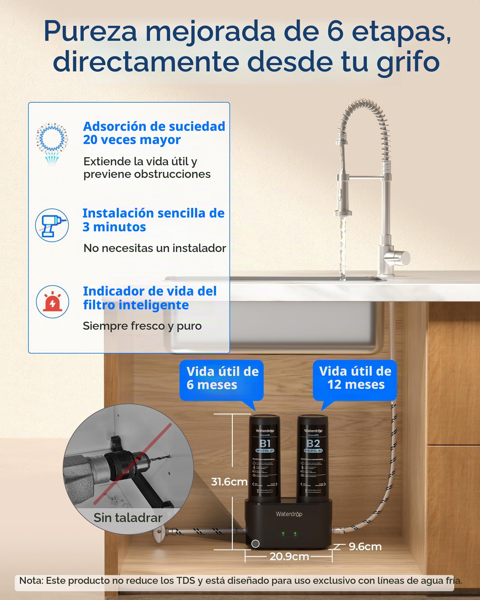 Waterdrop DLA Filtro De Agua Bajo Fregadero, Sin Taladrar, Reduce Cloro, PFAS, Sabor/Olor, Indicador De Vida Del Filtro, 2 Etapas, Fácil Instalación