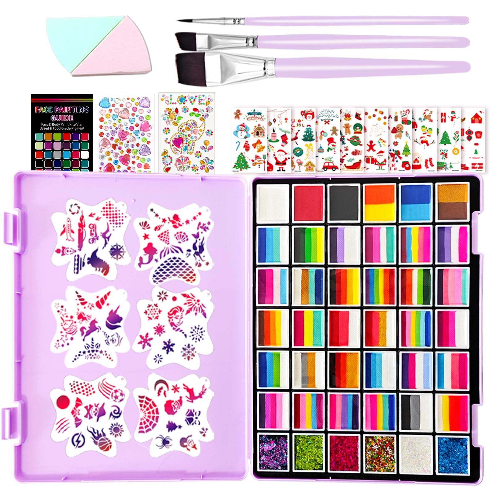 146 Colors Professional Face Painting Kit for Kids & Adults, Non Toxic Water Based Split Cake Face Paint Palette 36 x 10gm + 6 Sequins Gels,One Stroke Rainbow Body Paint Set for Halloween & Christmas
