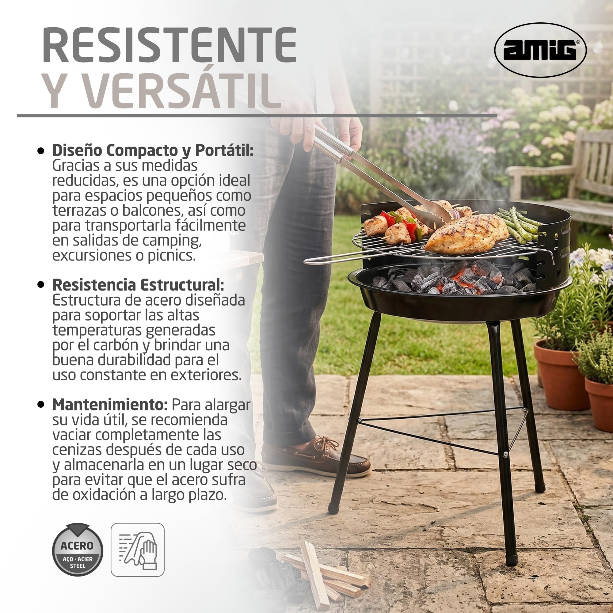Amig - Barbacoa de carbón - 33 x 35 x 56 cm - Negro - Fabricado en Acero - Jardín y patio - para terraza y balcón con tamaño ajustado a espacios pequeños uso práctico y mantenimiento fácil. Mod. AZKAR