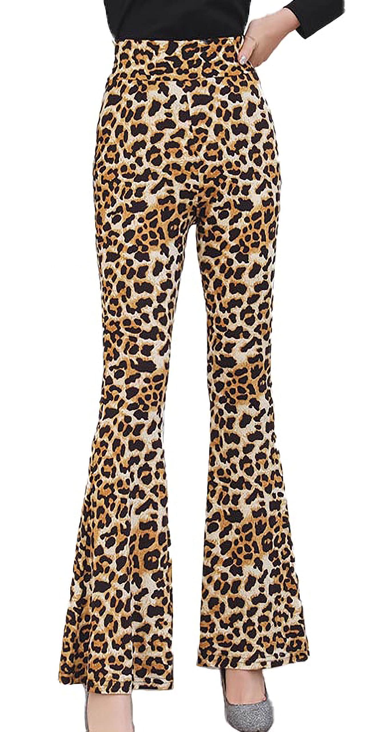 IBAIOU Women's Elastic Leopard High Waist Flared Pants Snakeskin Wide Leg Trousers Zebra Print Stretch Bell Bottoms