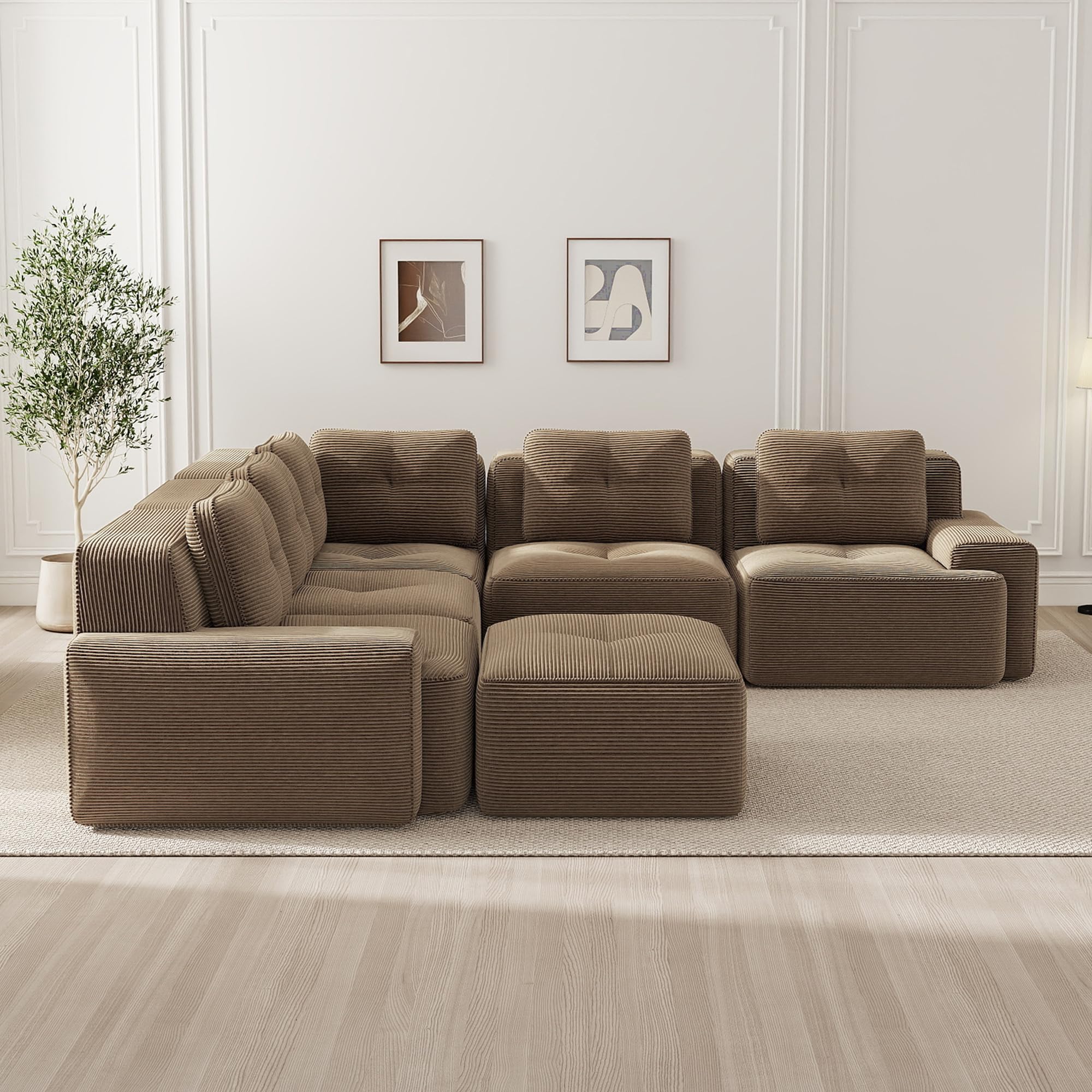 Modulares Ecksofa aus Cord, Rahmenloses Sofa mit Höhere Rückenlehne, Tiefsitzer Wohnlandschaft, Frei Kombinierbares Sofa, Kein Aufbau Erforderlich Braun 5-Sitzer