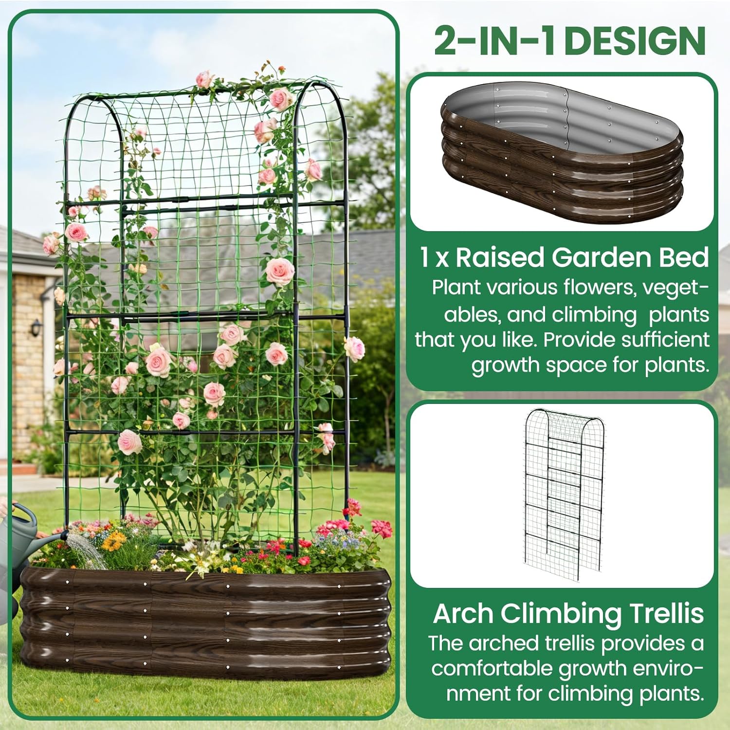 SUNYRISY 2Pack Galvanized Raised Garden Bed with 71in Arch Trellis for Climbing Plants, Outdoor Planter Box with Climbing Net for Gardening Flowers Vegetables Fruits Herbs, Wood Grain