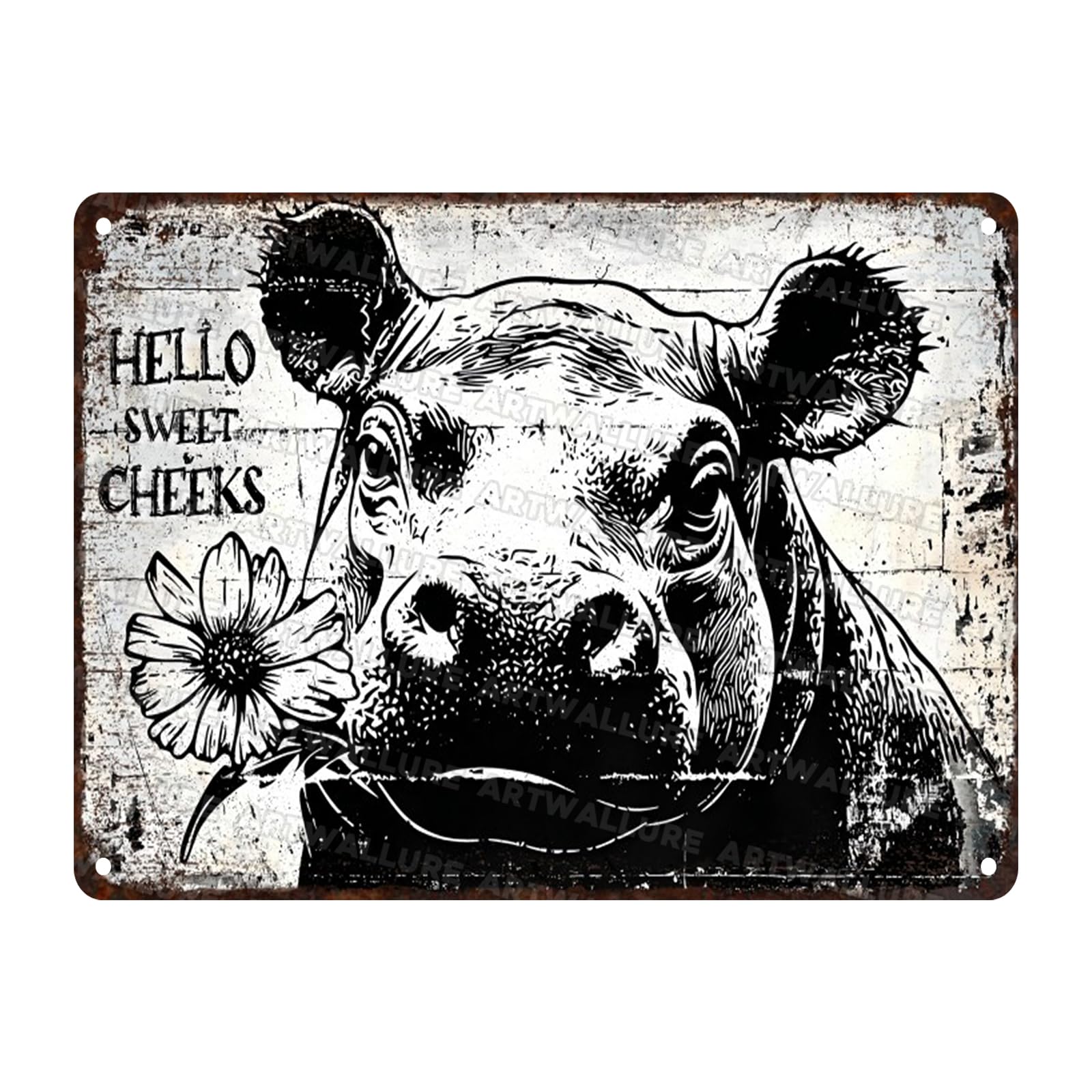 Funny Hippo Vintage Sign Hello Sweet Cheeks Metal Tin Sign Bathroom Wall Decor for Toilet Restroom Washroom Decor 12x16inch