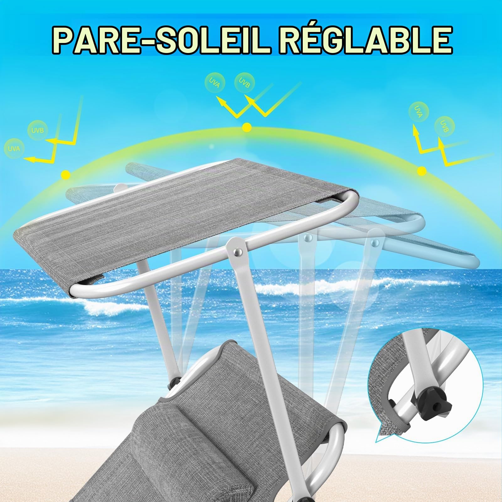 Chaise Longue Pliante，Bain de Soleil Jardin Exterieur，69*195*29CM,Transat de Plage Pliable avec Pare Soleil、Dossier Inclinable et Pochette，Fauteuil Relax，Chaise de Camping Piscine，Gris