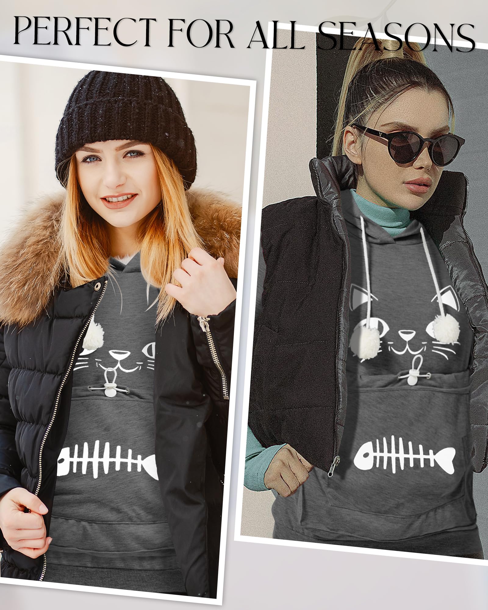 Sweat à Capuche à Manches Courtes pour Femme Chemisier avec Grande Poche Confortable Pull Chat Sweatshirt Hoodie Printemps Automne Été Pullover Blouse
