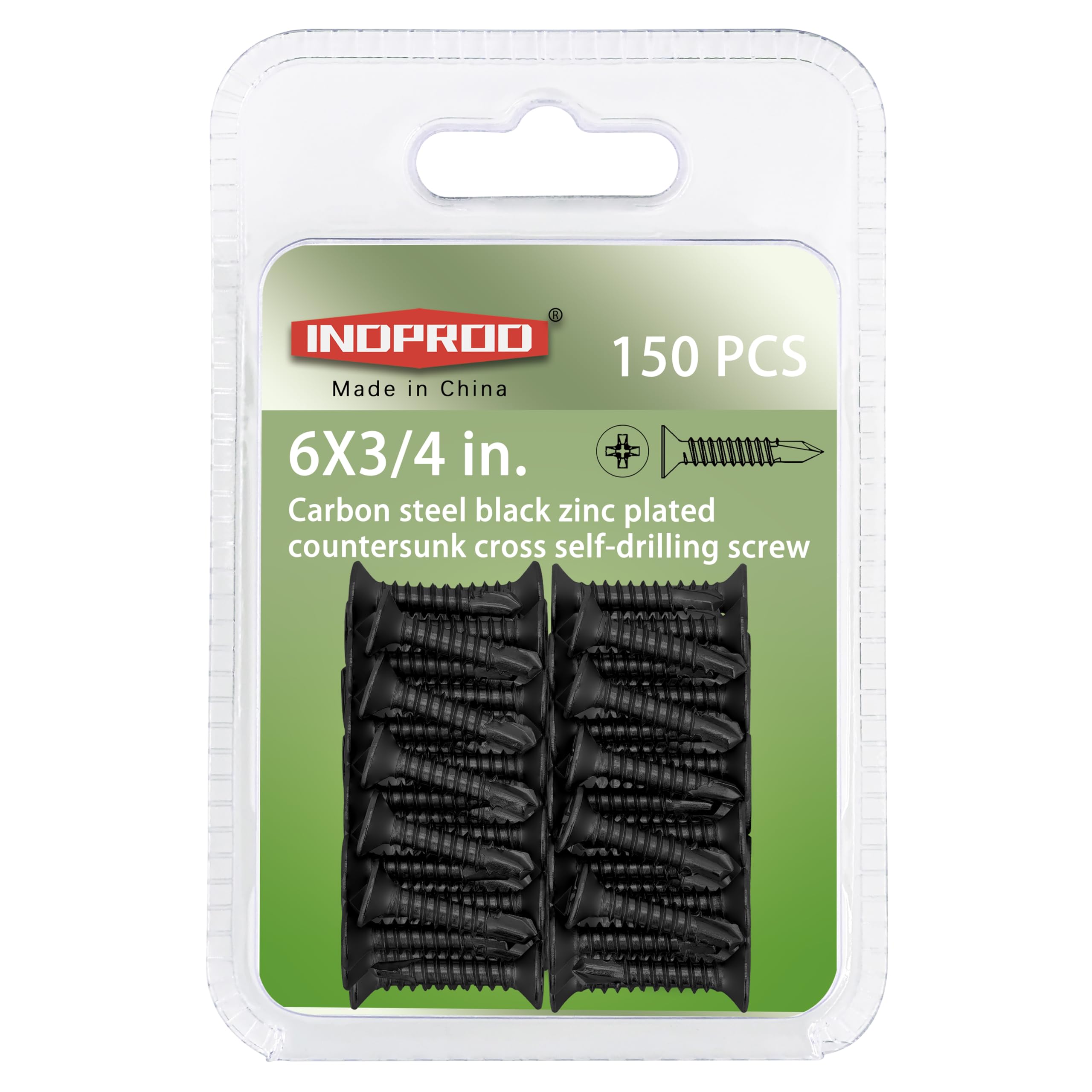 INDPROD #6 x 3/4" Phillips Flat Head Self Drilling Screw, Countersunk Flat Head Wood Screws, Self Tapping Sheet Metal Tek Screws, Black Zinc Plated Carbon Steel, 150Pcs