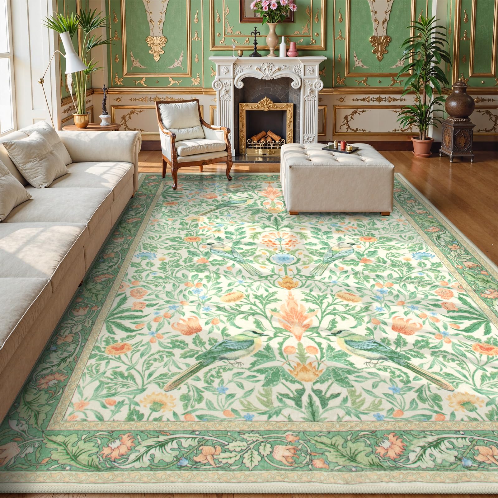 Beeiva Sage Green Washable Rugs 8x10 for Living Room - Washable Non Slip Floral Bird Rug for Bedroom