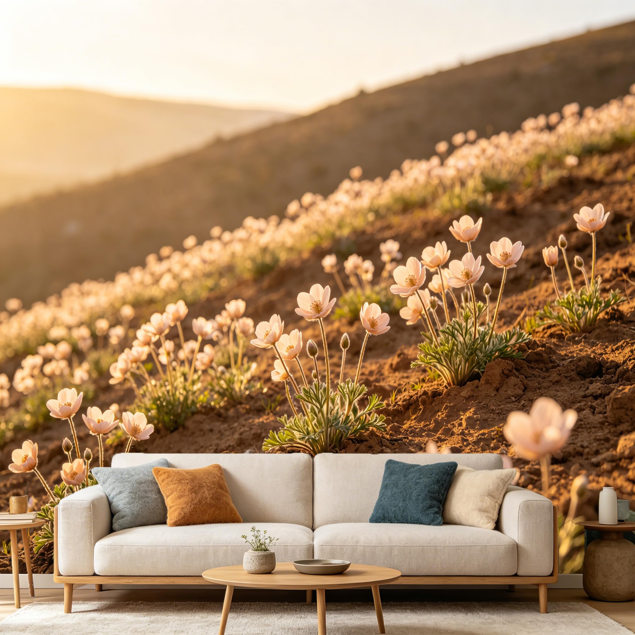 Custom Size Wall Mural Botanical Wildflower Meadow Sunset Landscape SelfAdhesive Art Prints wall Fabric (No PVC) Removable Wallpaper Home Bedroom Decor Wall Background