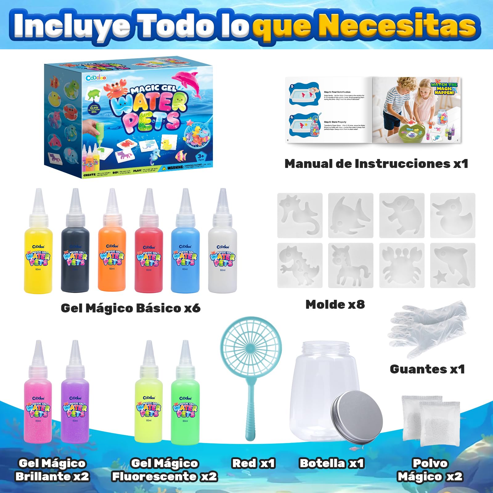 Coodoo Aqua Gelz Set, Juguete de Gel de Agua Mágico DIY, Juego de Gel Mágico con 10 Colores y 8 Moldes, Creativo Manualidades Niños, Juguetes Juegos Kit Pintura Regalo para Niños Niñas 3 4 5 6 Años