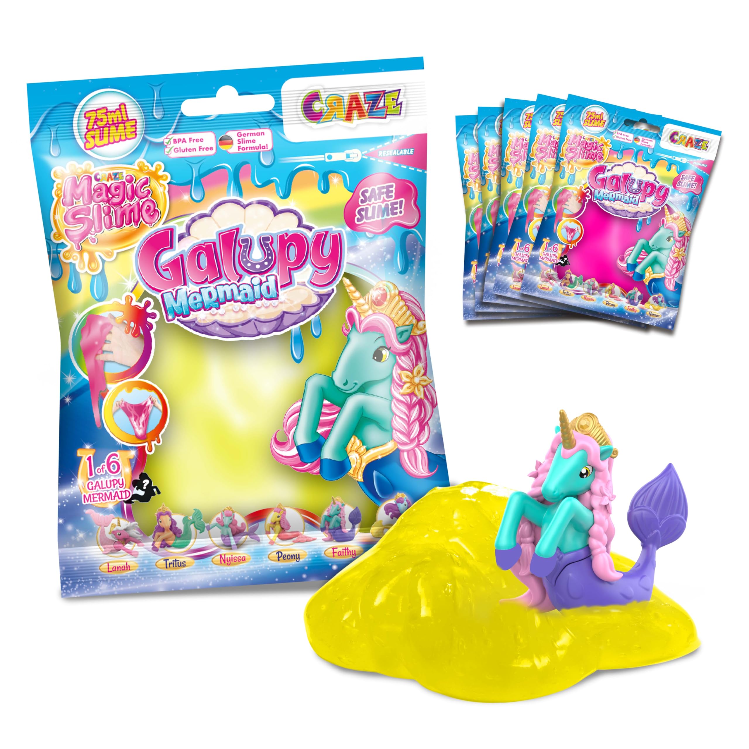CRAZE MAGIC SLIME 6 x 75ml Bags Kids Slime – Galupy Mermaid Figure and Slime for Kids, 6 Party Favours and Fun Gifts for Girls Ages 3+, Random