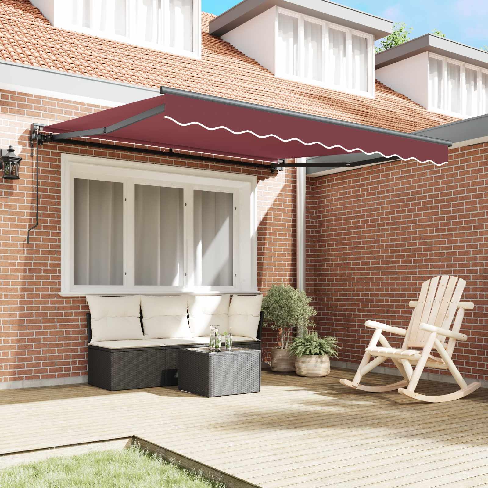 Tenda da sole retrattile con braccio articolato bordeaux 350 x 250 cm in tessuto poliestere rivestito in PU, manovella manuale e telecomando, struttura a semicassetta per terrazze e giardini.