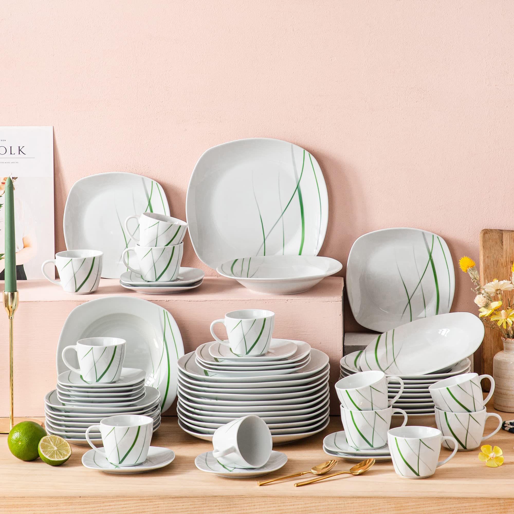 VEWEET AVIVA 60pcs Service de Table Pocelaine 12 Assiettes Plates 24,7cm，12 Assiette Creuse 21,5cm, 12 Assiette à Dessert 19,2cm, 12 Tasses 220 ml et 14,5 cm Soucoupe pour 12 Personnes