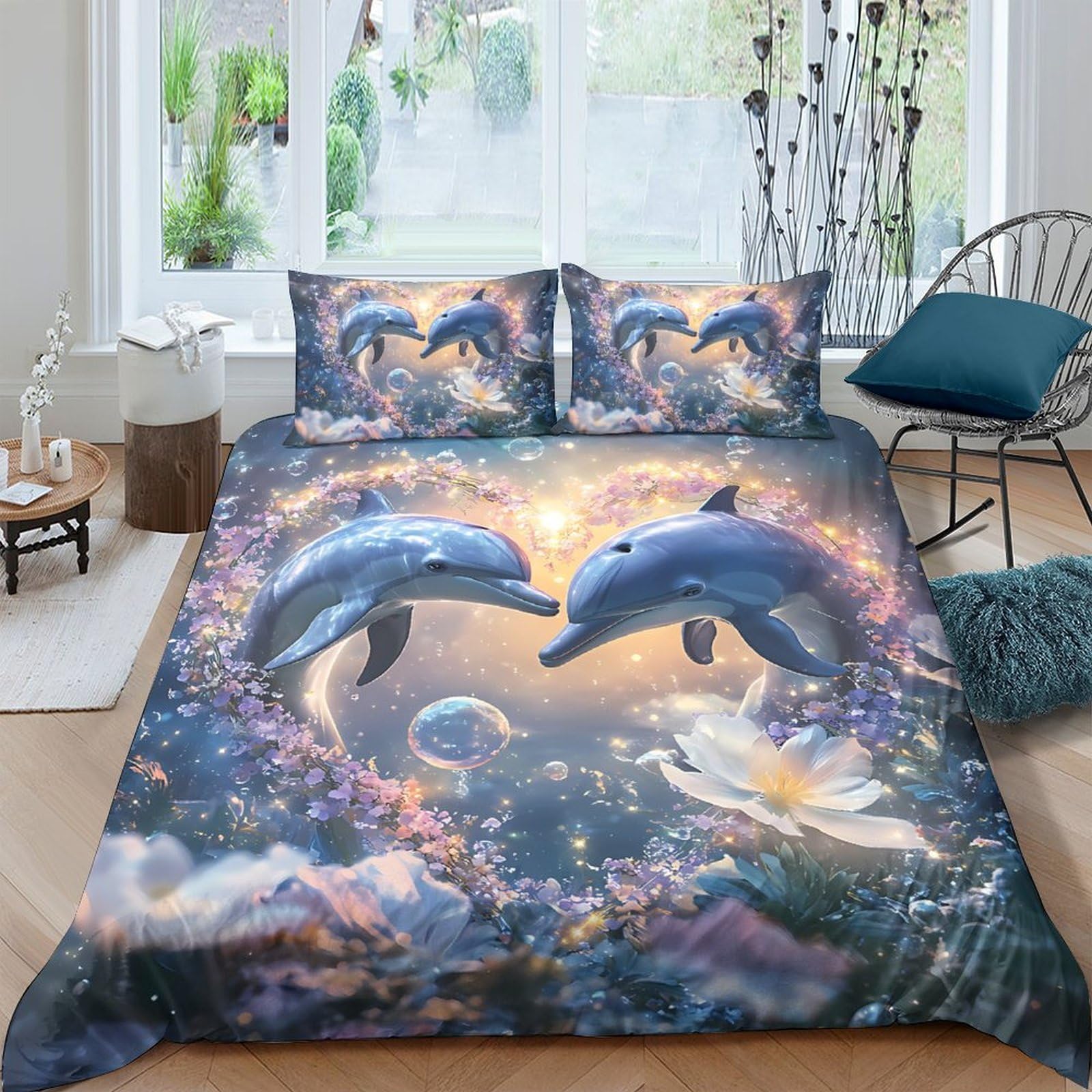 Ctjqhvkz Style-6 3D Printed Ocean Dolphin Fitted Sheet Microfiber Soft Blue Fantasy Sunset Mattress Cover For Bedroom Guest Room Decor Single（135X200cm）