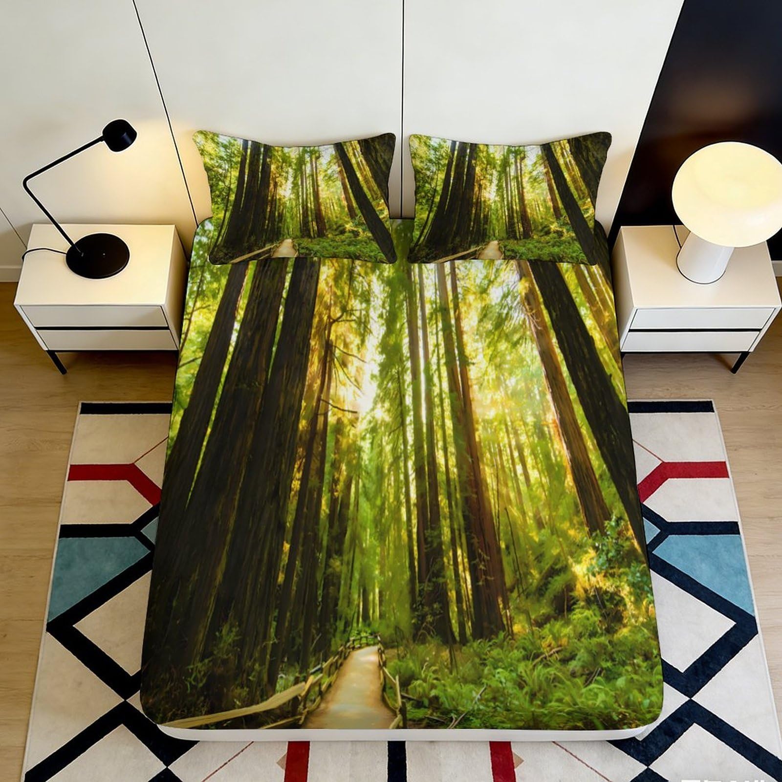 3D Printed Forest Tree Path Fitted Sheet Microfiber Soft Non-Slip Woodland Mattress Cover for Bedroom Guest Room Decor 140x200x25cm