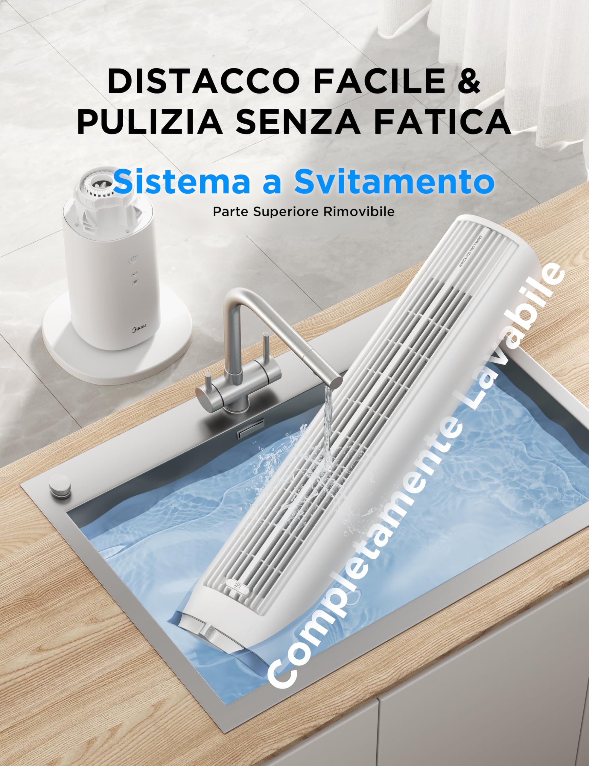 Midea MTF25FRG 40‘’ Ventilatore a Torre Silenzioso per Casa e Camera da Letto, Raffreddamento Potente 9 m/s, Telecomando Omni, 90° Oscillazione, Design Smontabile e Lavabile, 4 Velocità, Bianco