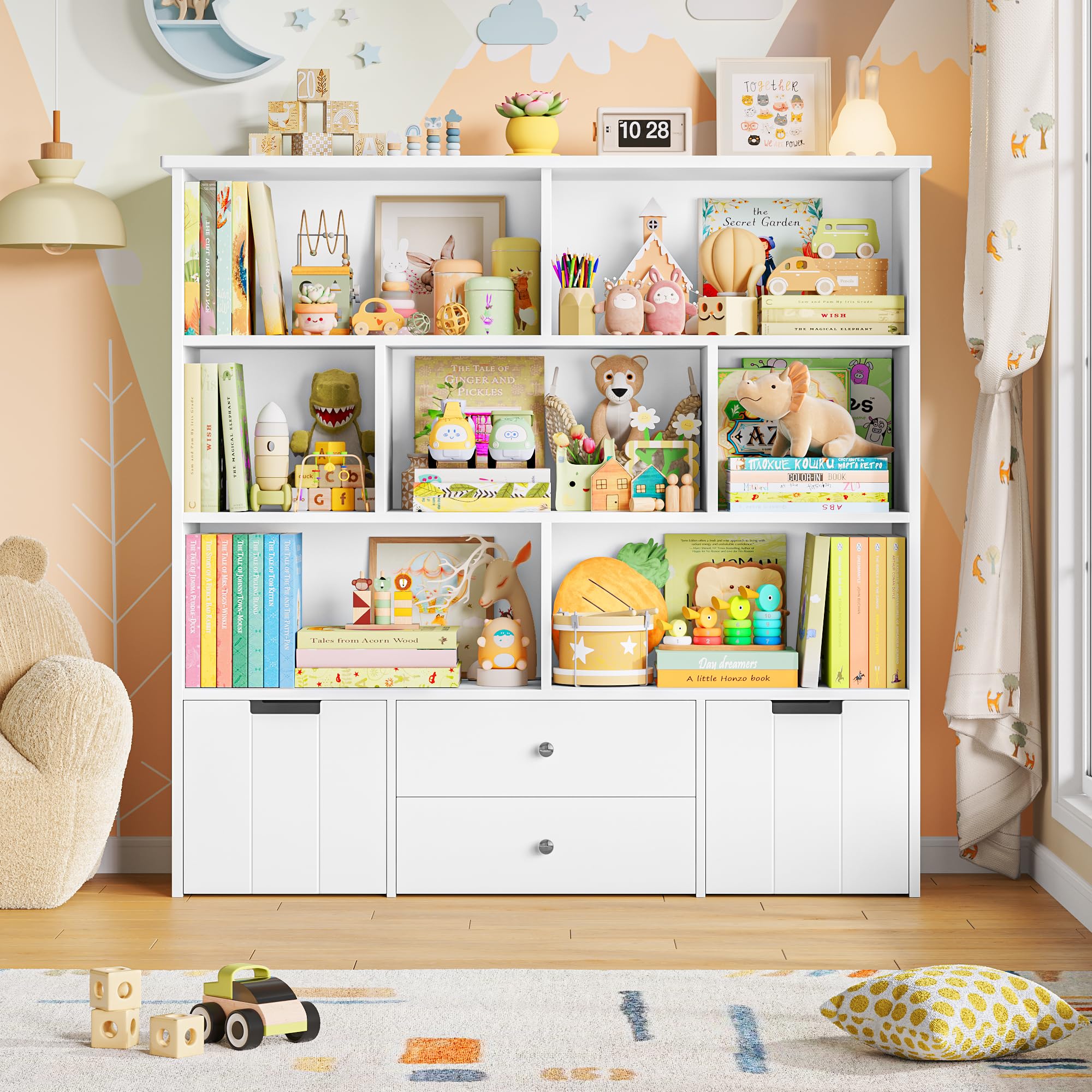 FOREHILL Kinderregal mit 4 Schubladen, Kinderzimmer Möbel, Bücherregal | Kinderregal mit Boxen auf Rollen, Regal Kinderzimmer, Spielzeug Aufbewahrung für Kindergarten, Leseecke 125x33x120cm