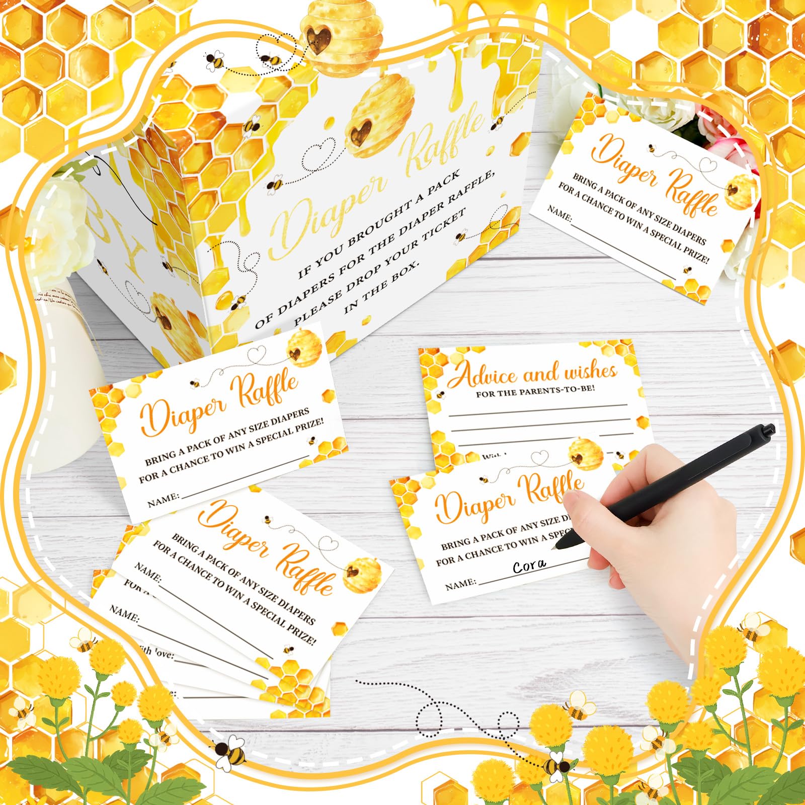 Bee Theme Baby Shower Diaper Raffle Game - Card Box With Tickets For Boy Or Girl Party - View #3