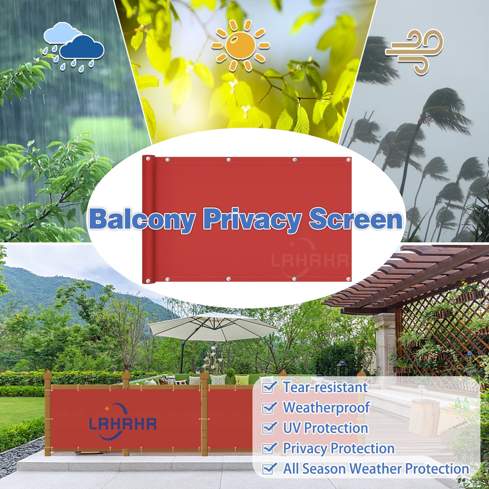 Osłona balkonowa, ochrona przed wzrokiem, na patio, wodoodporna, blokada UV, osłona balkonowa z opaskami kablowymi i liną, czerwona, 100 x 200 cm