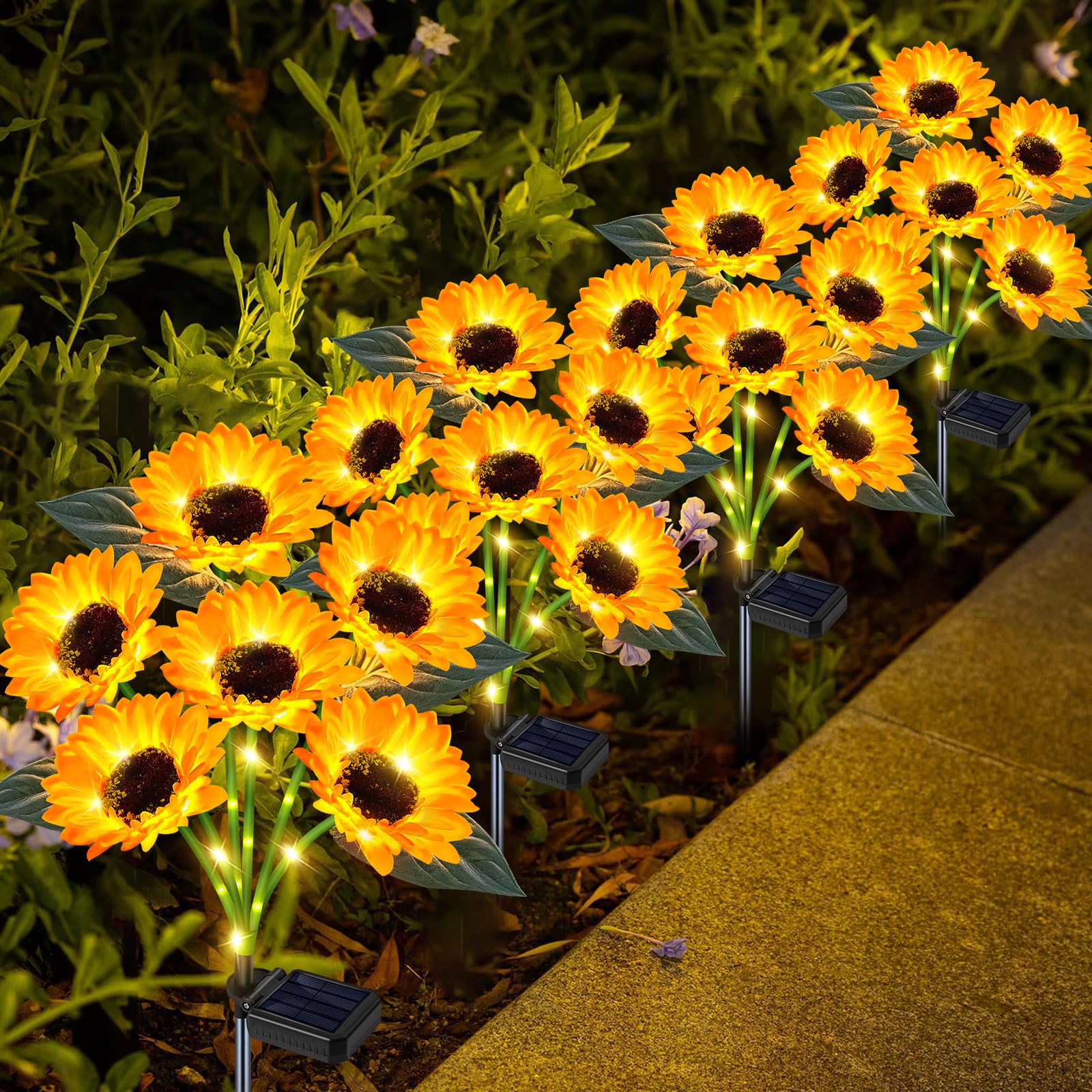 Solar Sunflower Lights Outdoor Flower Garden Stake Lights 4 Pack 24 Sunflower Waterproof Lights for Outside Party Gardening