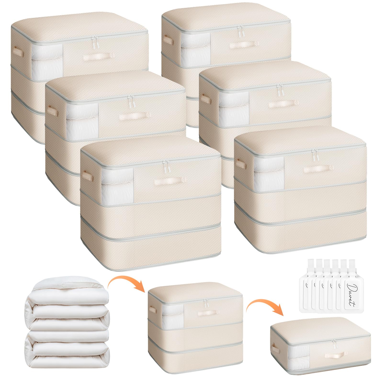 Homsorout Lot de 6 sacs de rangement à compression – Sac de rangement de grande capacité de 110 L, 3 couches, lavables, ultra économiseur d'espace, sacs pour couvertures, pulls, draps, beige